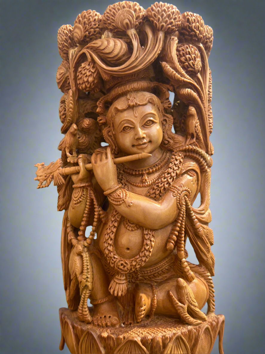 8” inches Sandalwood Baal Krishna Playing Flute - Malji Arts