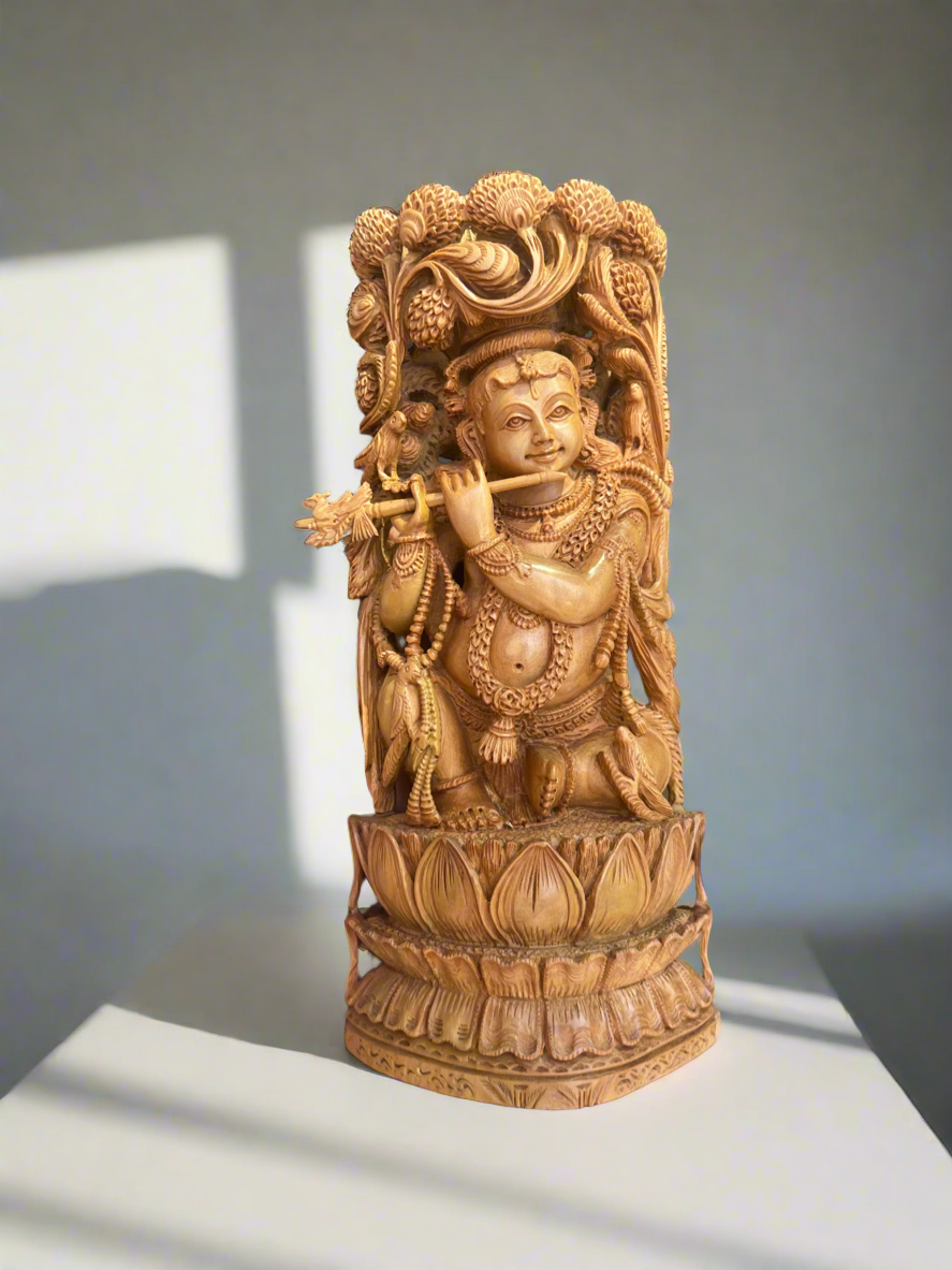 8” inches Sandalwood Baal Krishna Playing Flute - Malji Arts