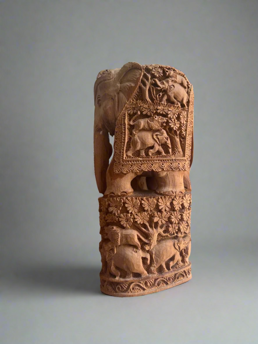 Raw Sandalwood Elephant Carving on Base - Malji Arts