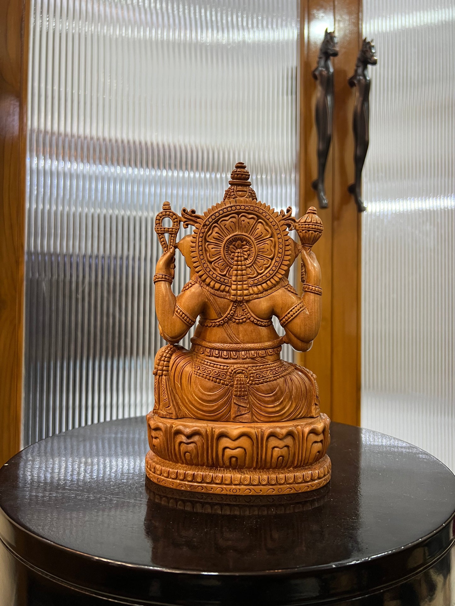 exquisite sandalwood carving features Lord Ganesha (9" inches) - Malji Arts