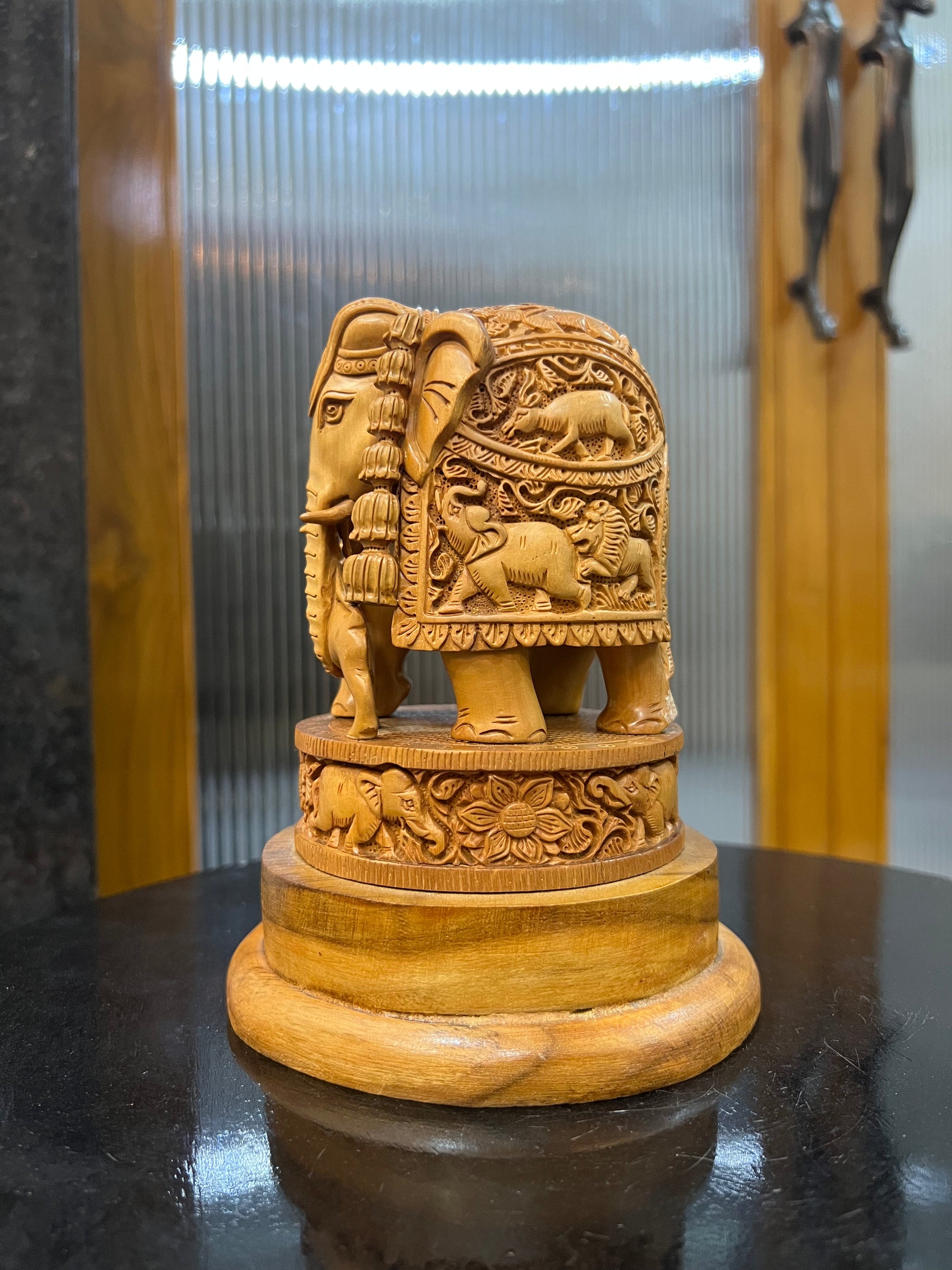 Sandalwood Craving Round Elephant With Base - Malji Arts
