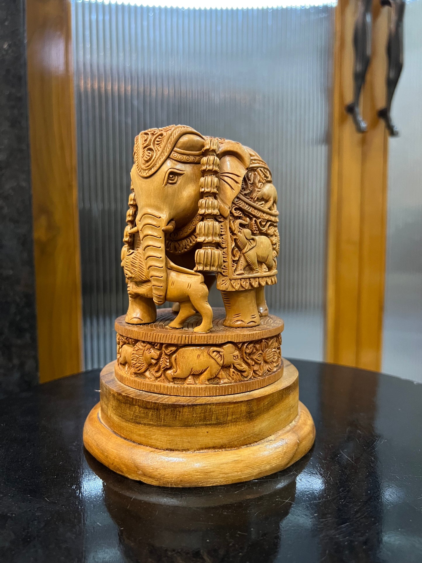 Sandalwood Craving Round Elephant With Base - Malji Arts