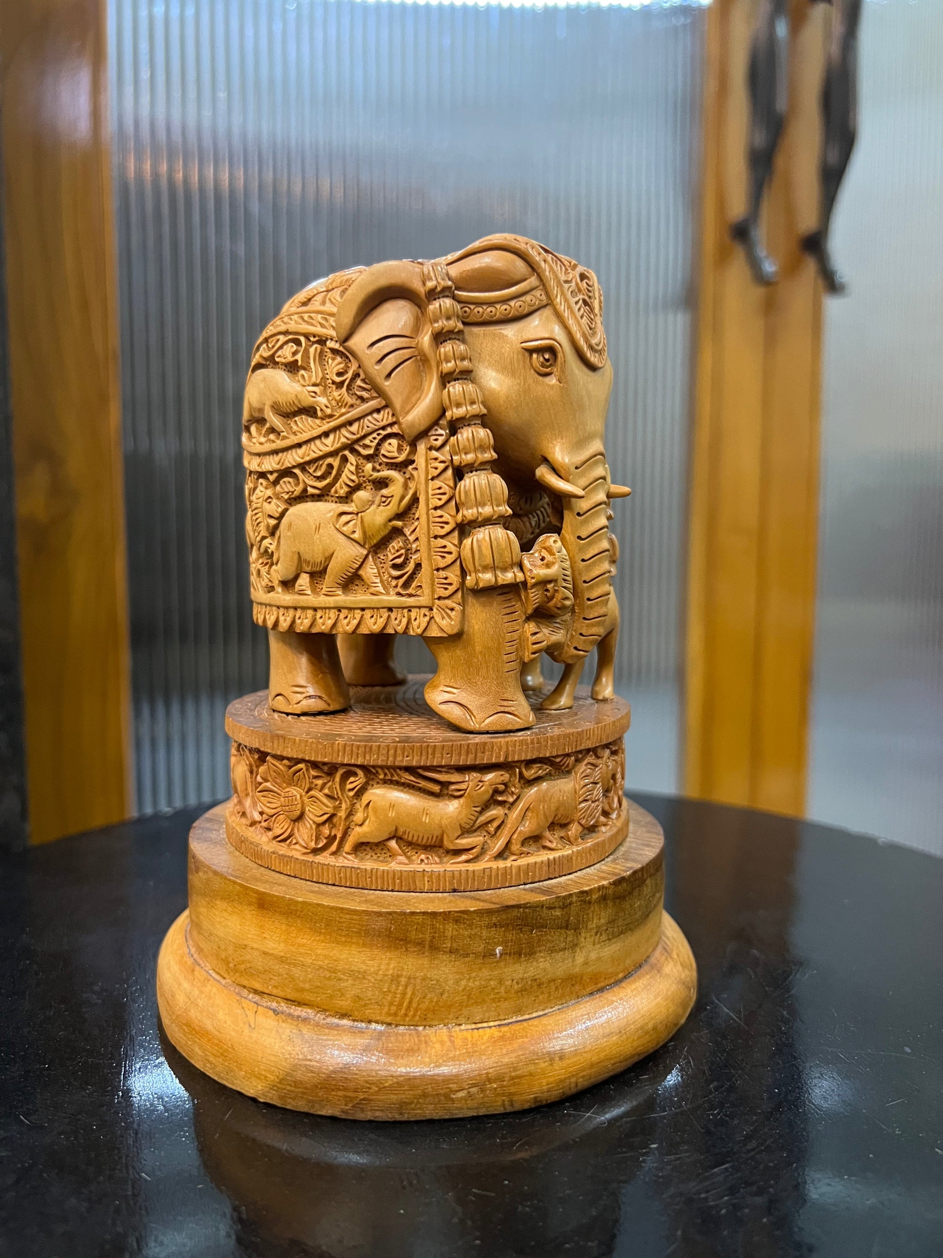 Sandalwood Craving Round Elephant With Base - Malji Arts