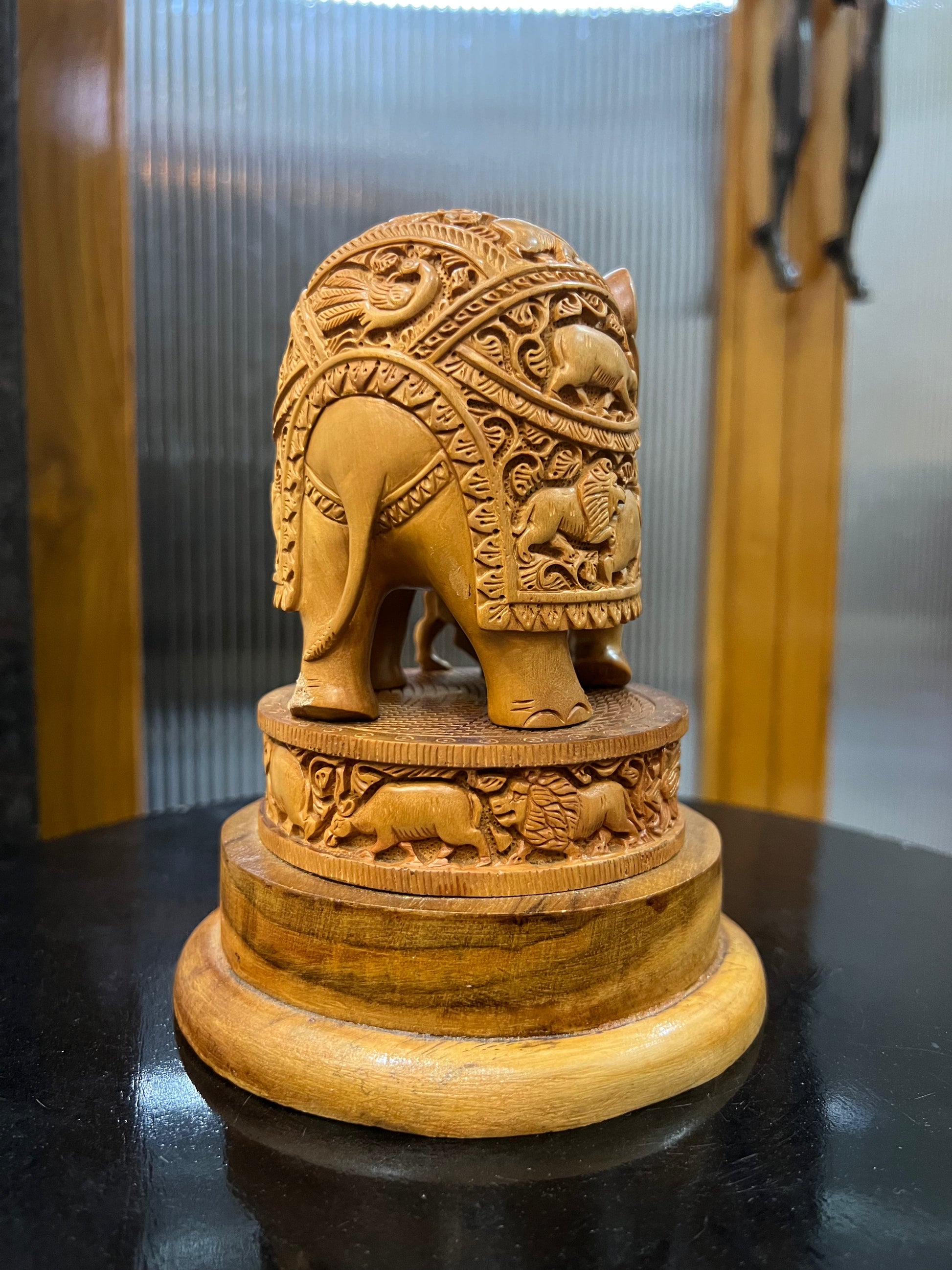 Sandalwood Craving Round Elephant With Base - Malji Arts