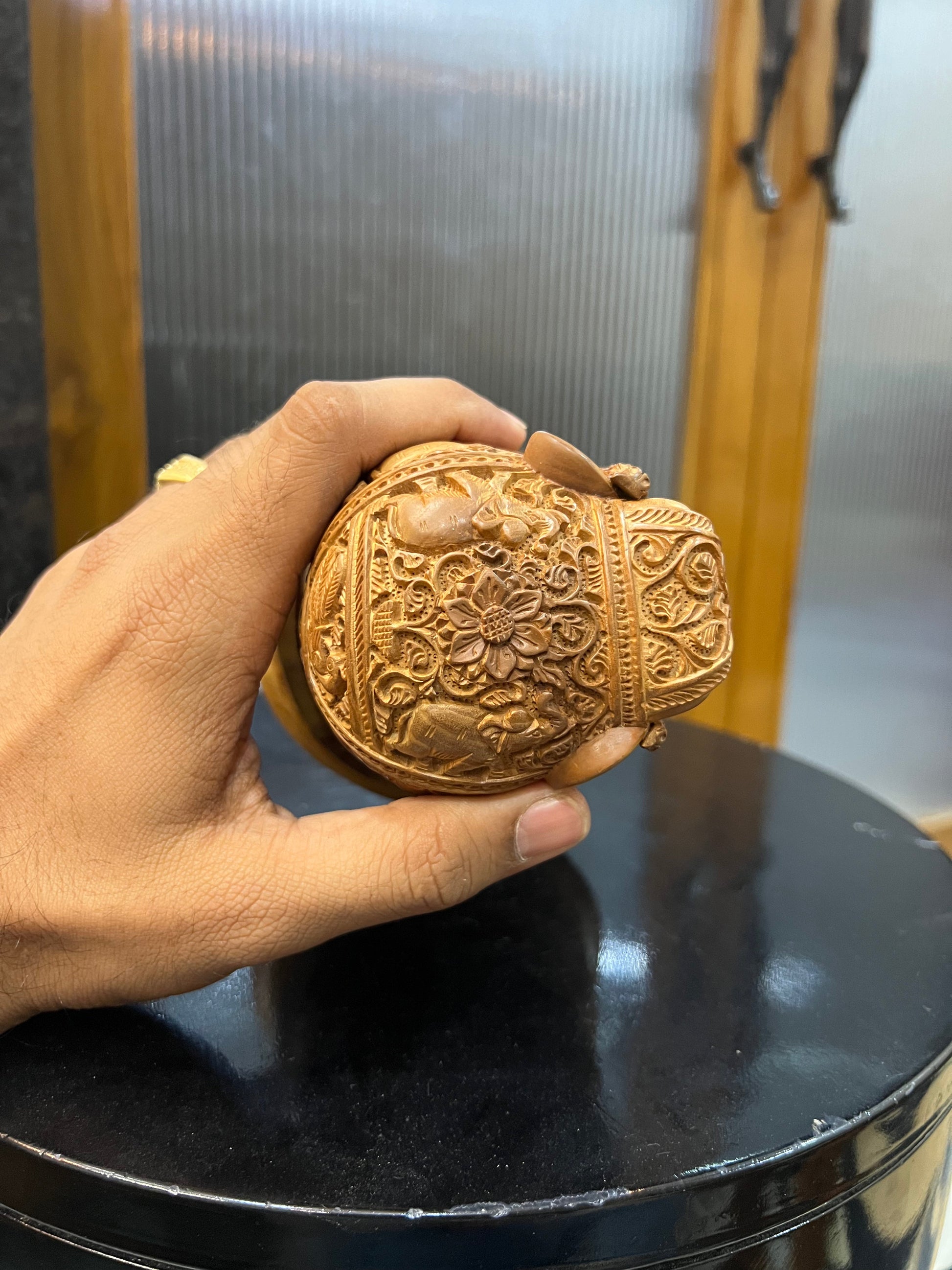 Sandalwood Craving Round Elephant With Base - Malji Arts