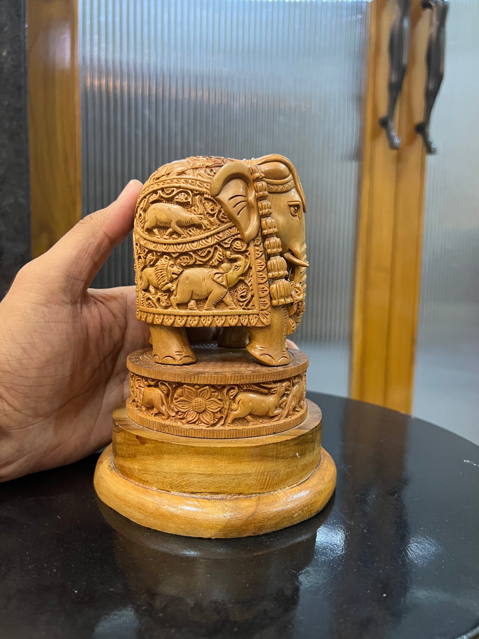 Sandalwood Craving Round Elephant With Base - Malji Arts