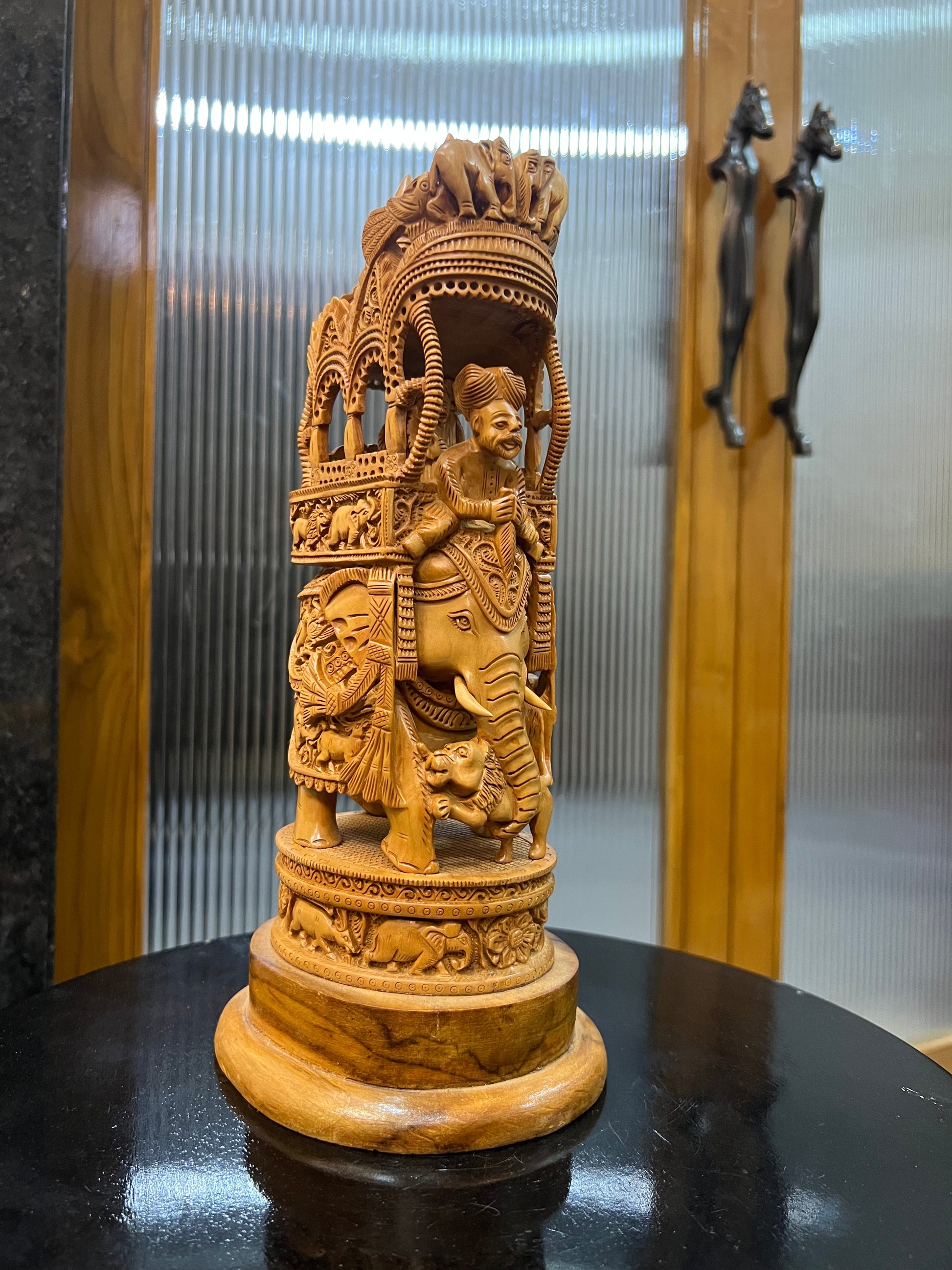 Sandalwood Fine Carved Royal Elephant Ambabari Statue (12" inches) - Malji Arts