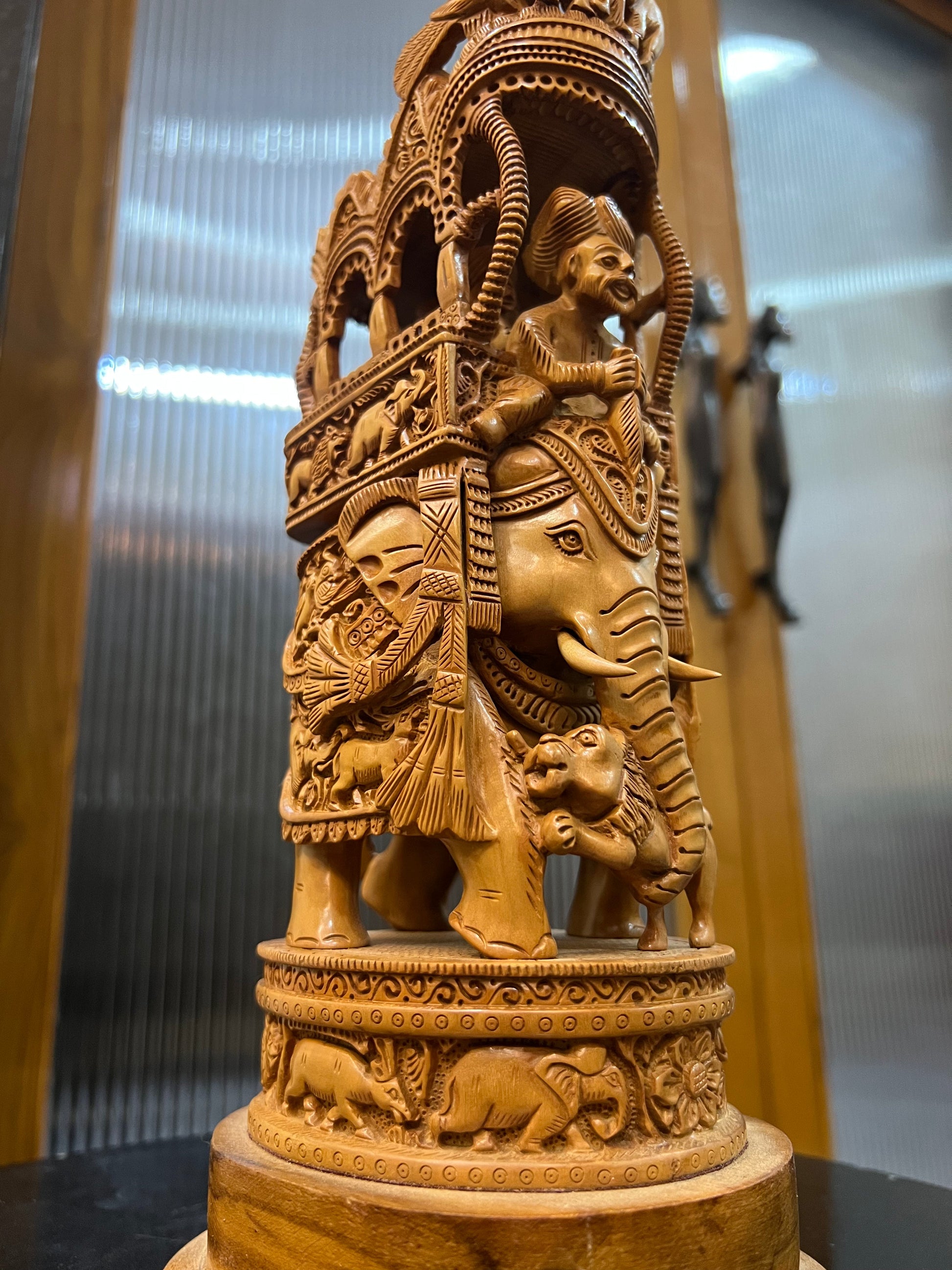 Sandalwood Fine Carved Royal Elephant Ambabari Statue (12" inches) - Malji Arts