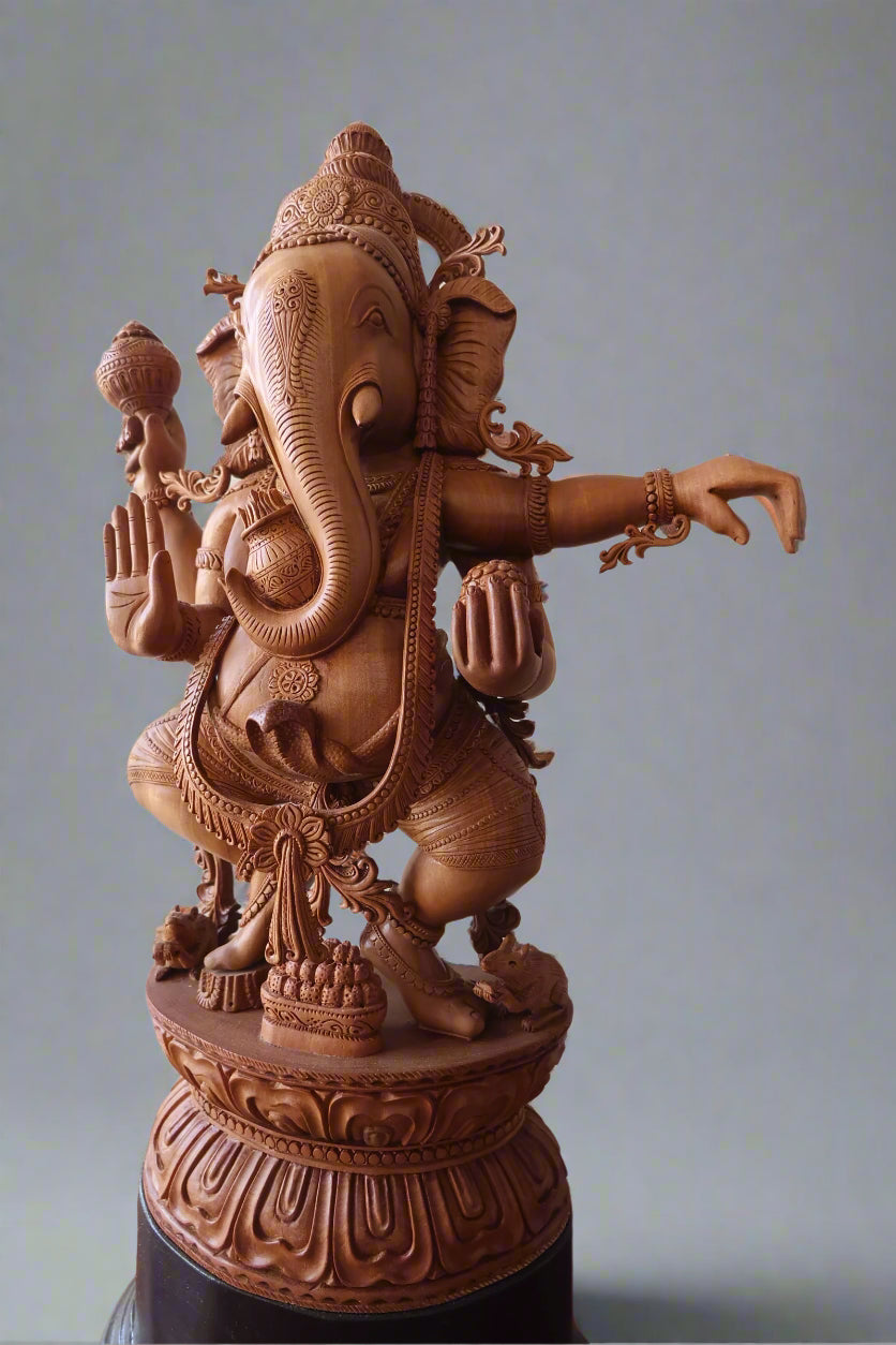 Sandalwood Detailed Carved Dancing Ganesha - Malji Arts