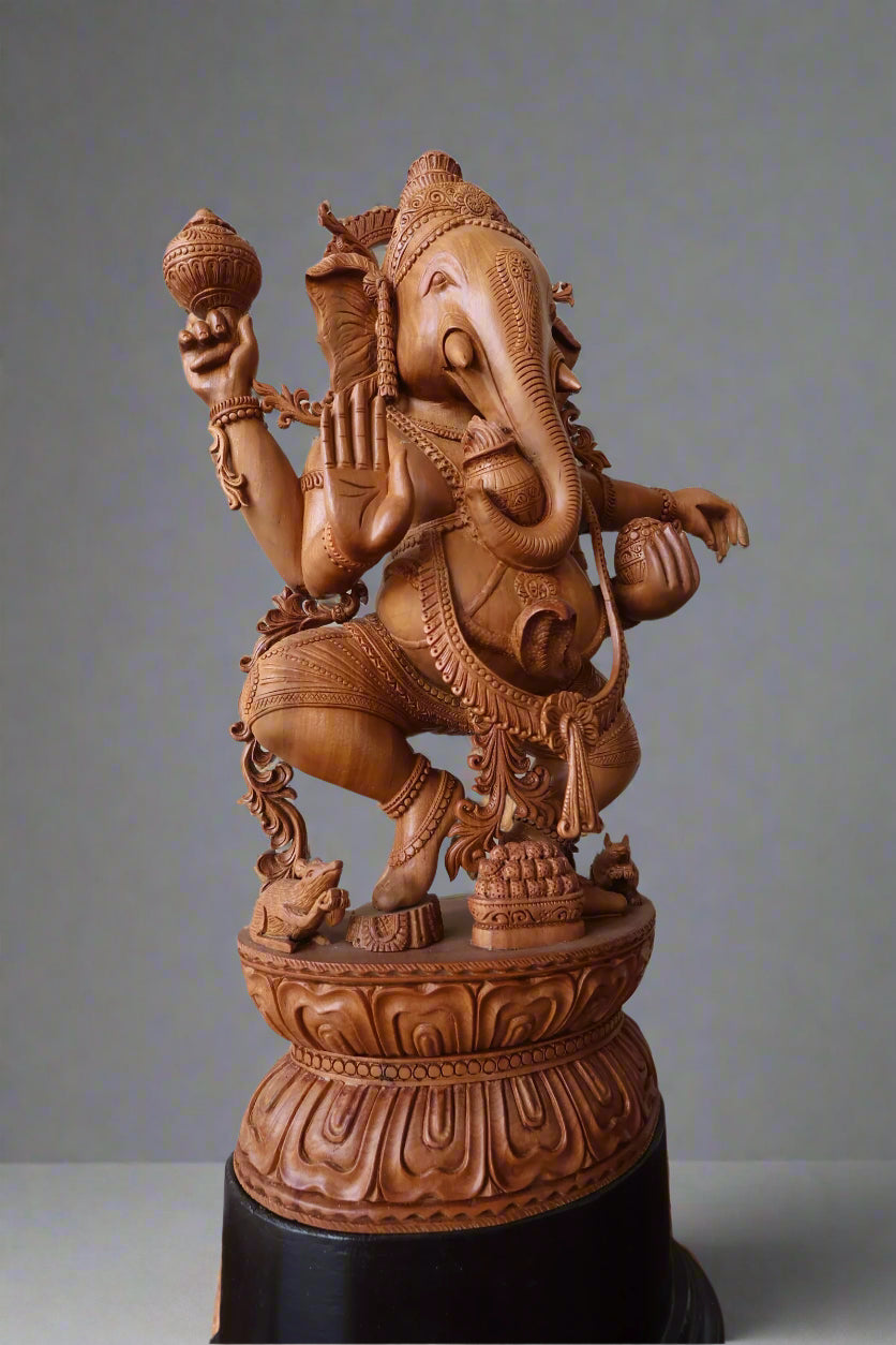 Sandalwood Detailed Carved Dancing Ganesha - Malji Arts