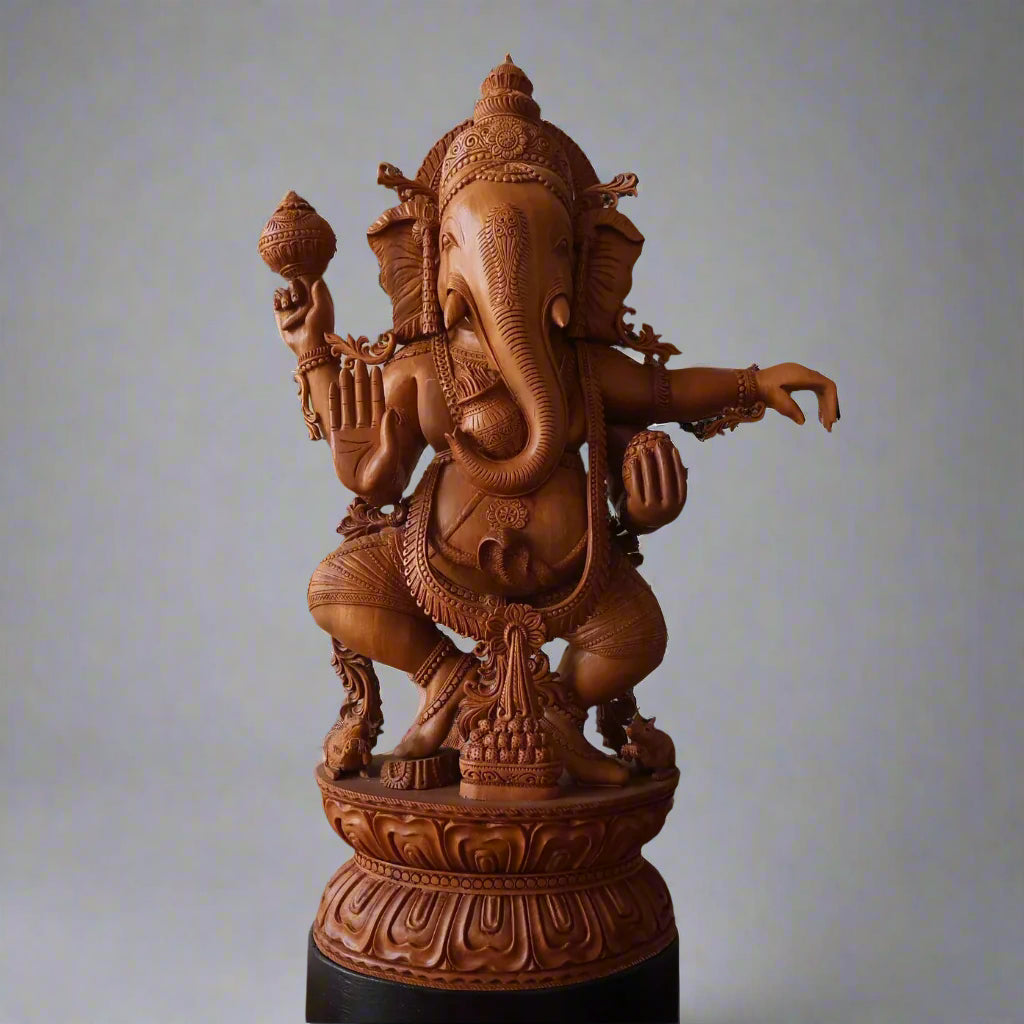 Sandalwood Detailed Carved Dancing Ganesha - Malji Arts