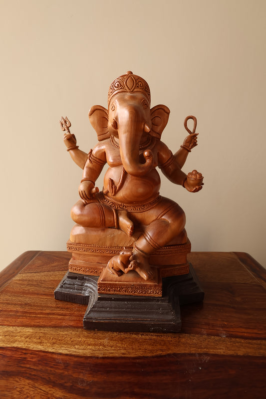 sandalwood beautifully hand carved sitting lord ganesha - Malji Arts