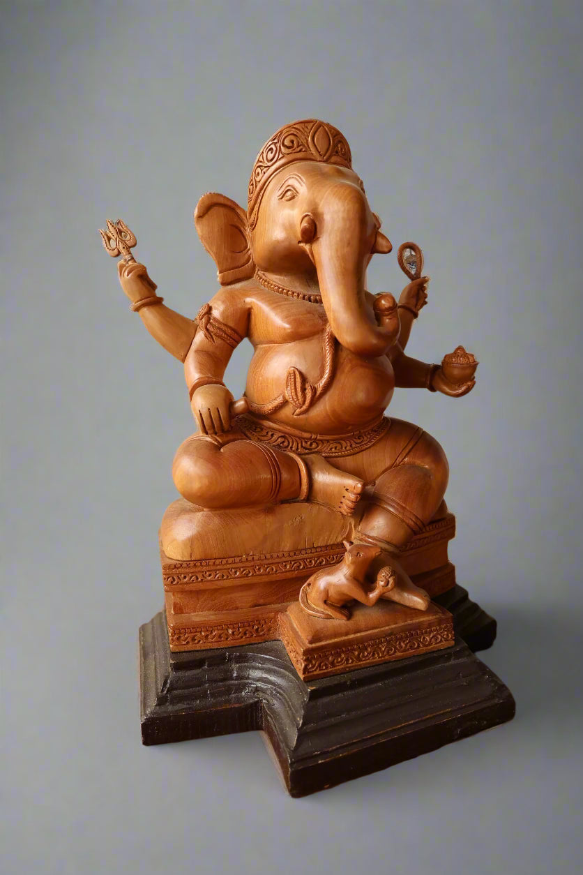 sandalwood beautifully hand carved sitting lord ganesha - Malji Arts
