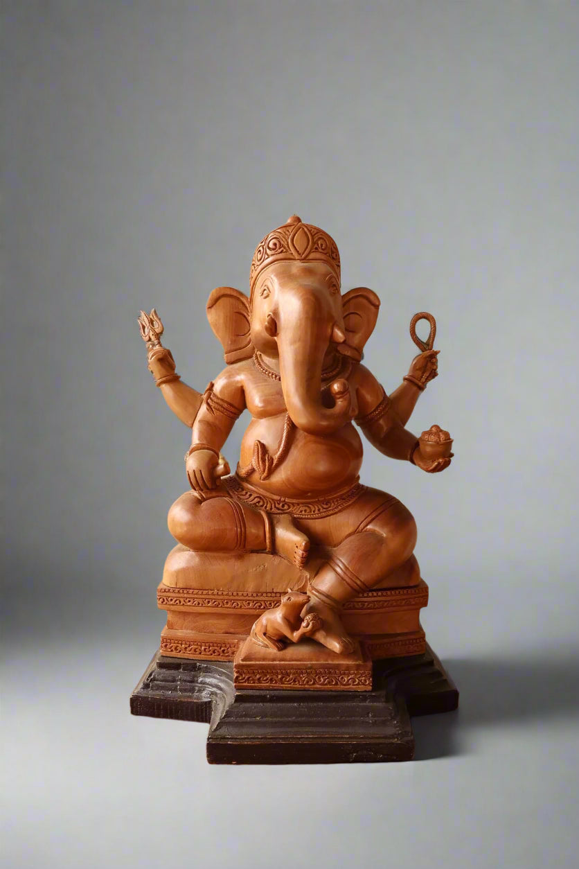 sandalwood beautifully hand carved sitting lord ganesha - Malji Arts