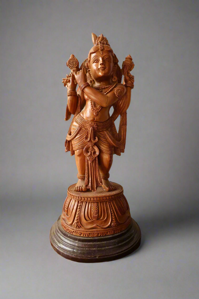 Sandalwood Krishna Standing 4 Hands Rare Piece - Malji Arts