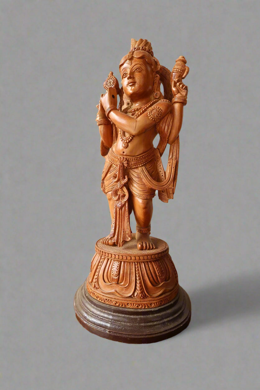 Sandalwood Krishna Standing 4 Hands Rare Piece - Malji Arts
