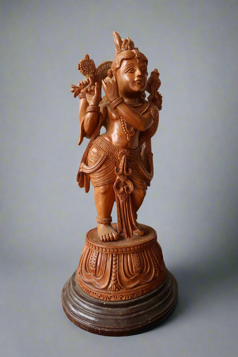 Sandalwood Krishna Standing 4 Hands Rare Piece - Malji Arts