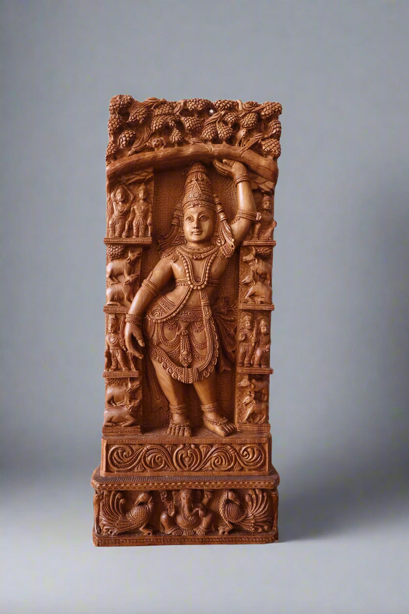 Sandalwood Rare Krishna Statue Holding Goverdhan - Malji Arts