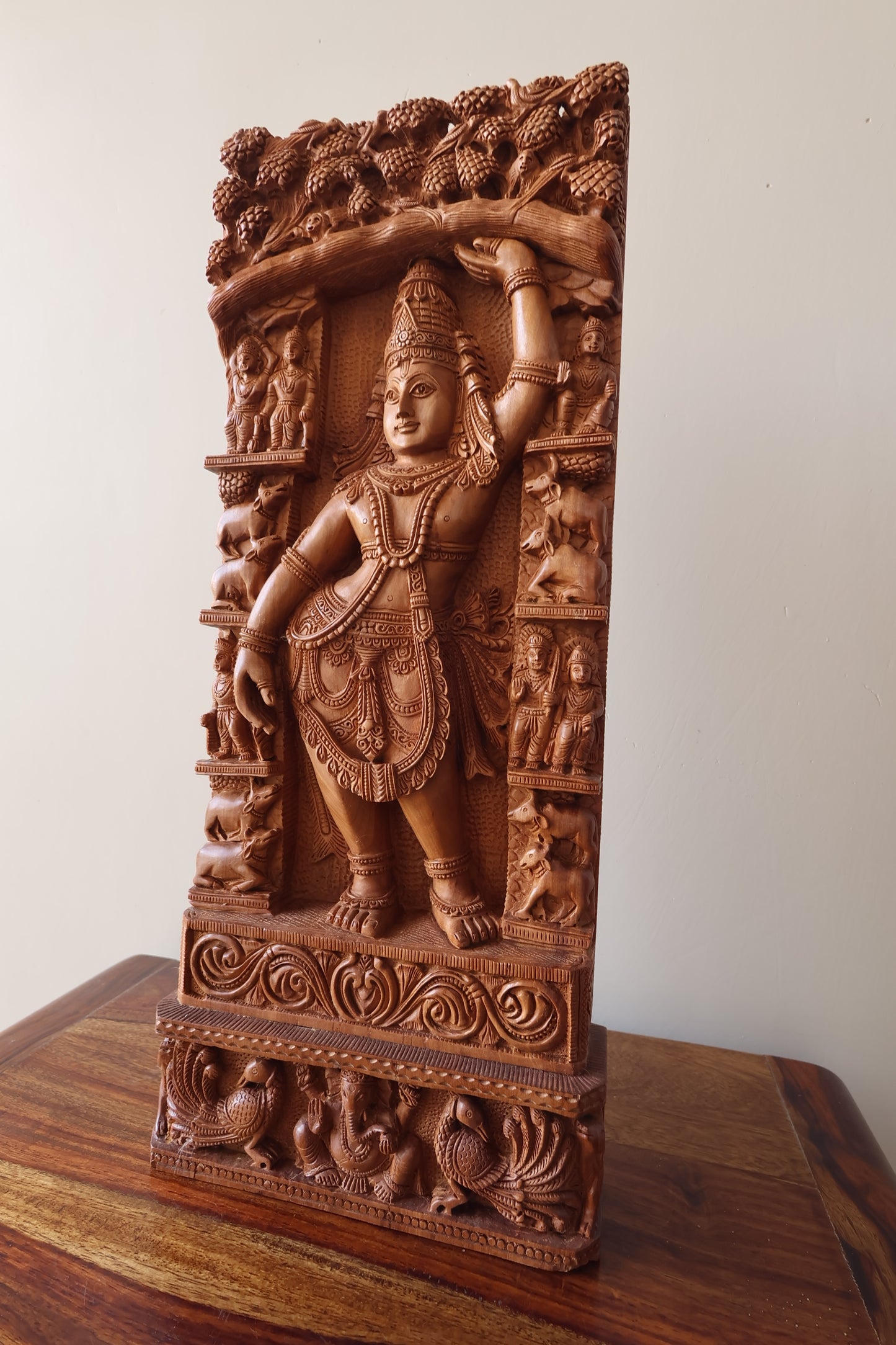 Sandalwood Rare Krishna Statue Holding Goverdhan - Malji Arts