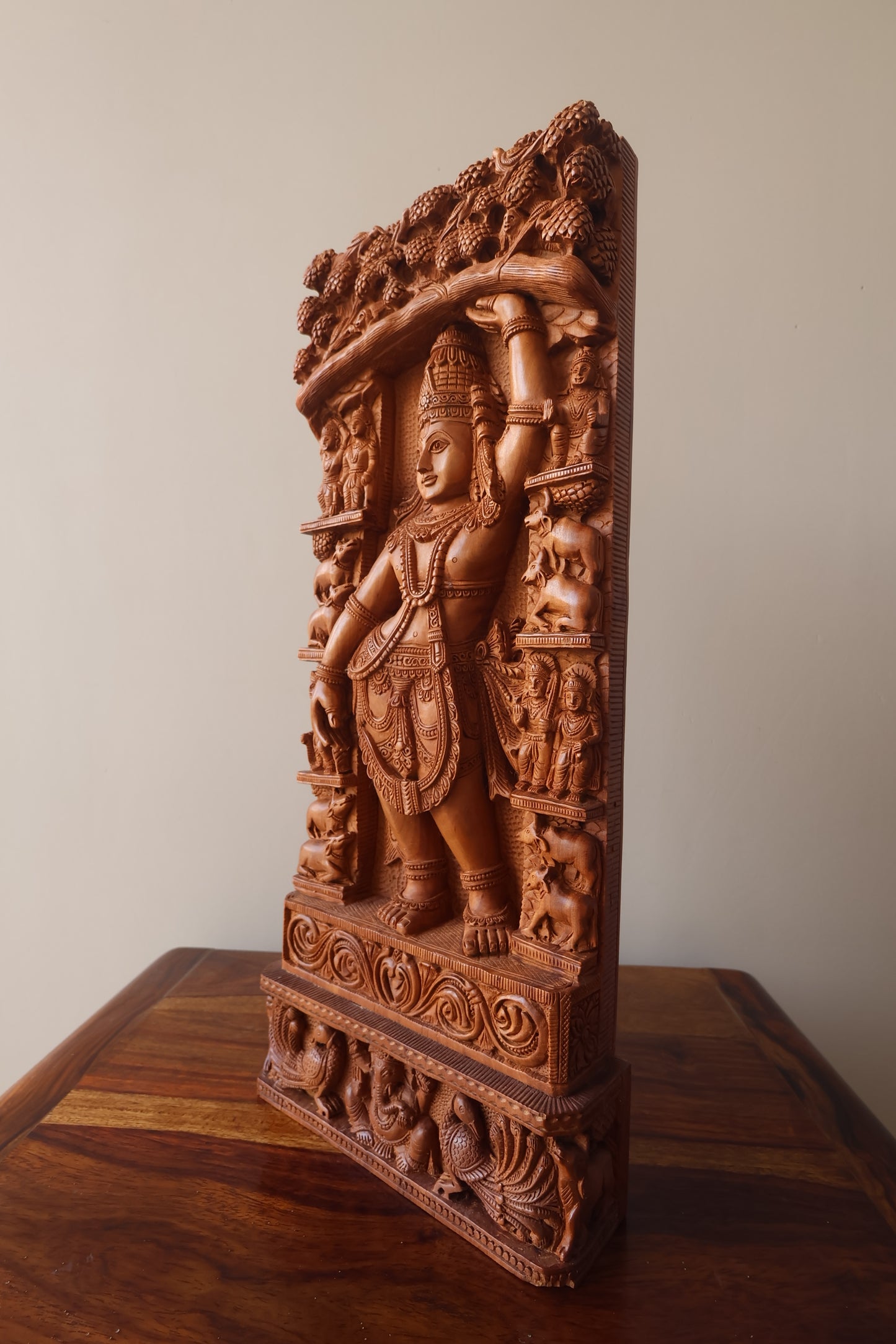 Sandalwood Rare Krishna Statue Holding Goverdhan - Malji Arts