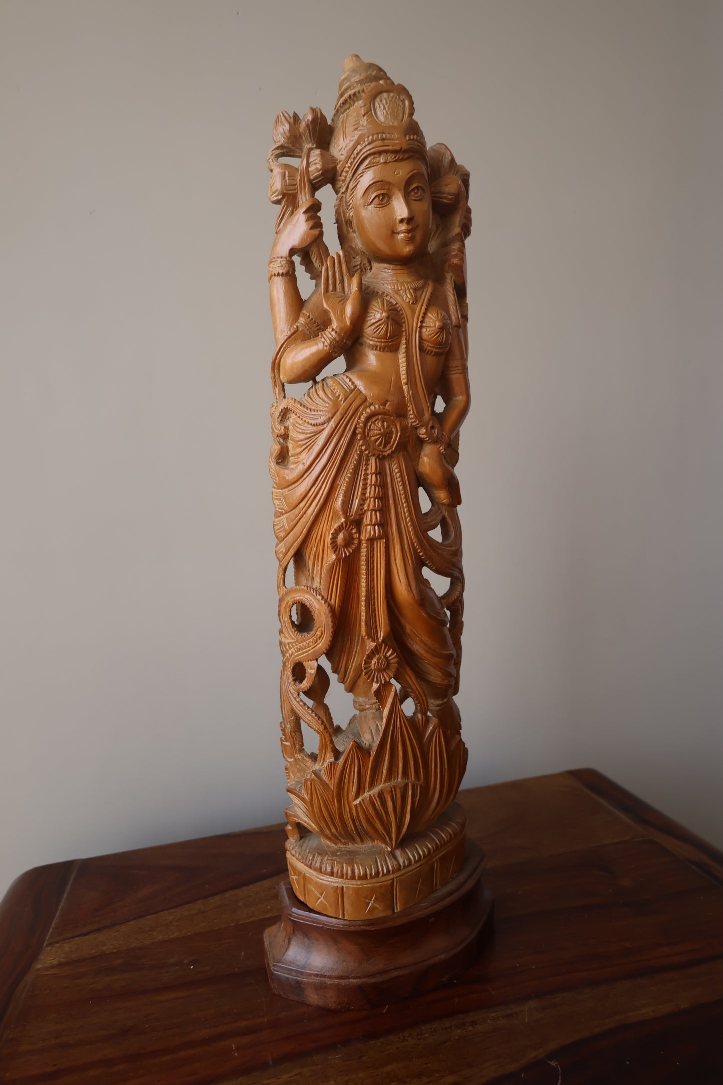 Sandalwood Hand Carved Round Goddess Laxmi Statue - Malji Arts