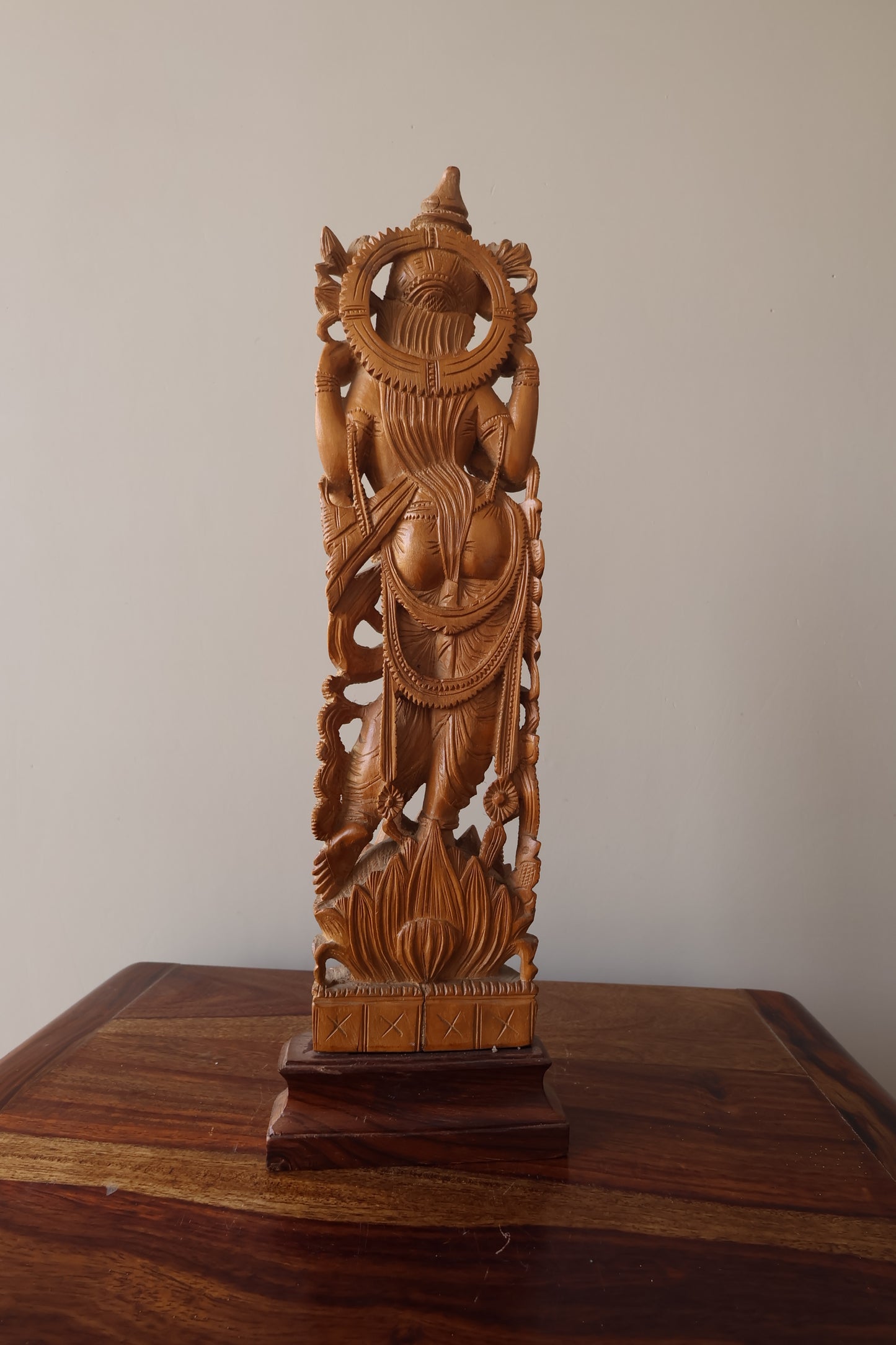 Sandalwood Hand Carved Round Goddess Laxmi Statue - Malji Arts