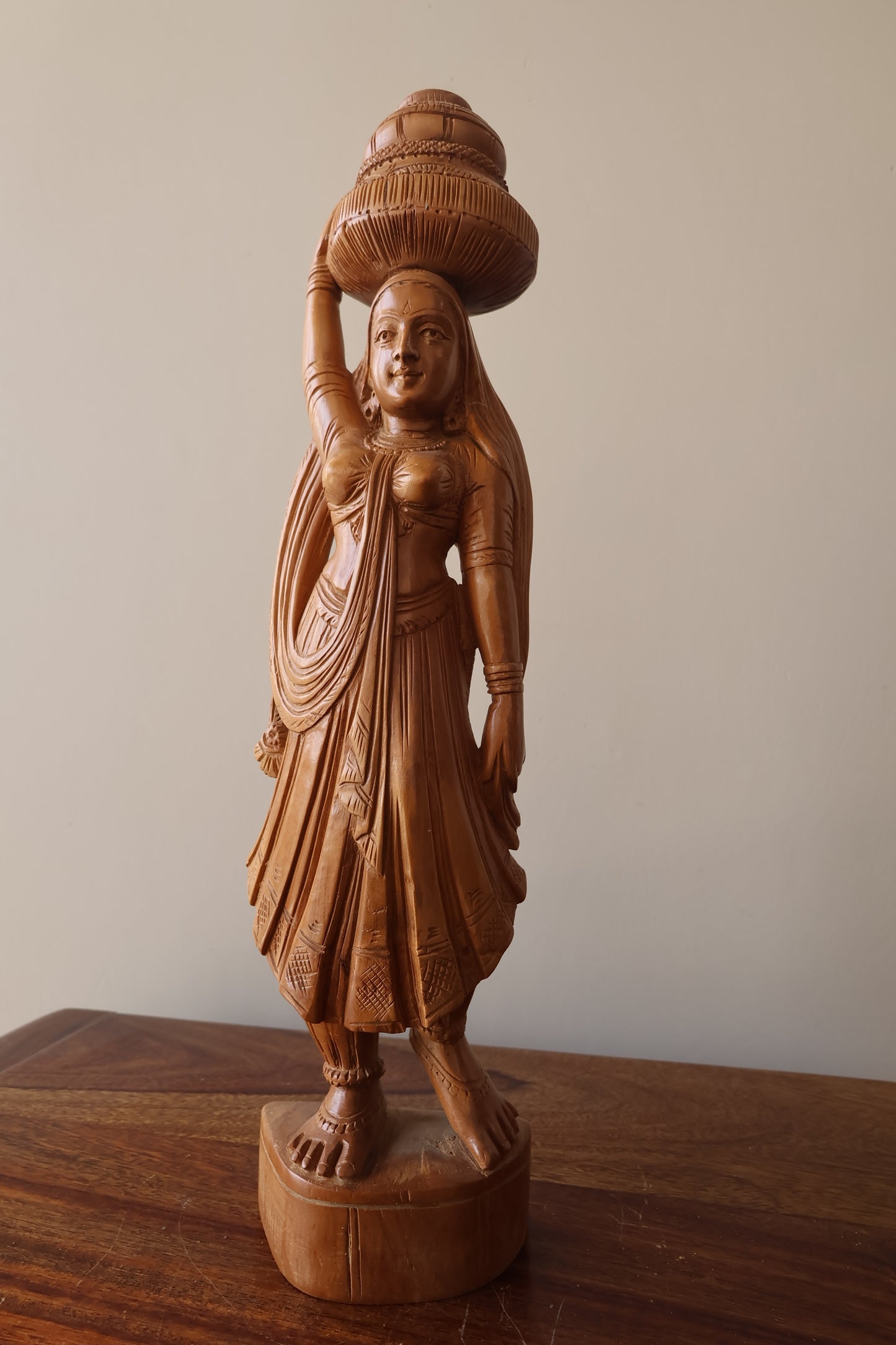 Antique Sandalwood Radha Holding Pot Statue - Malji Arts