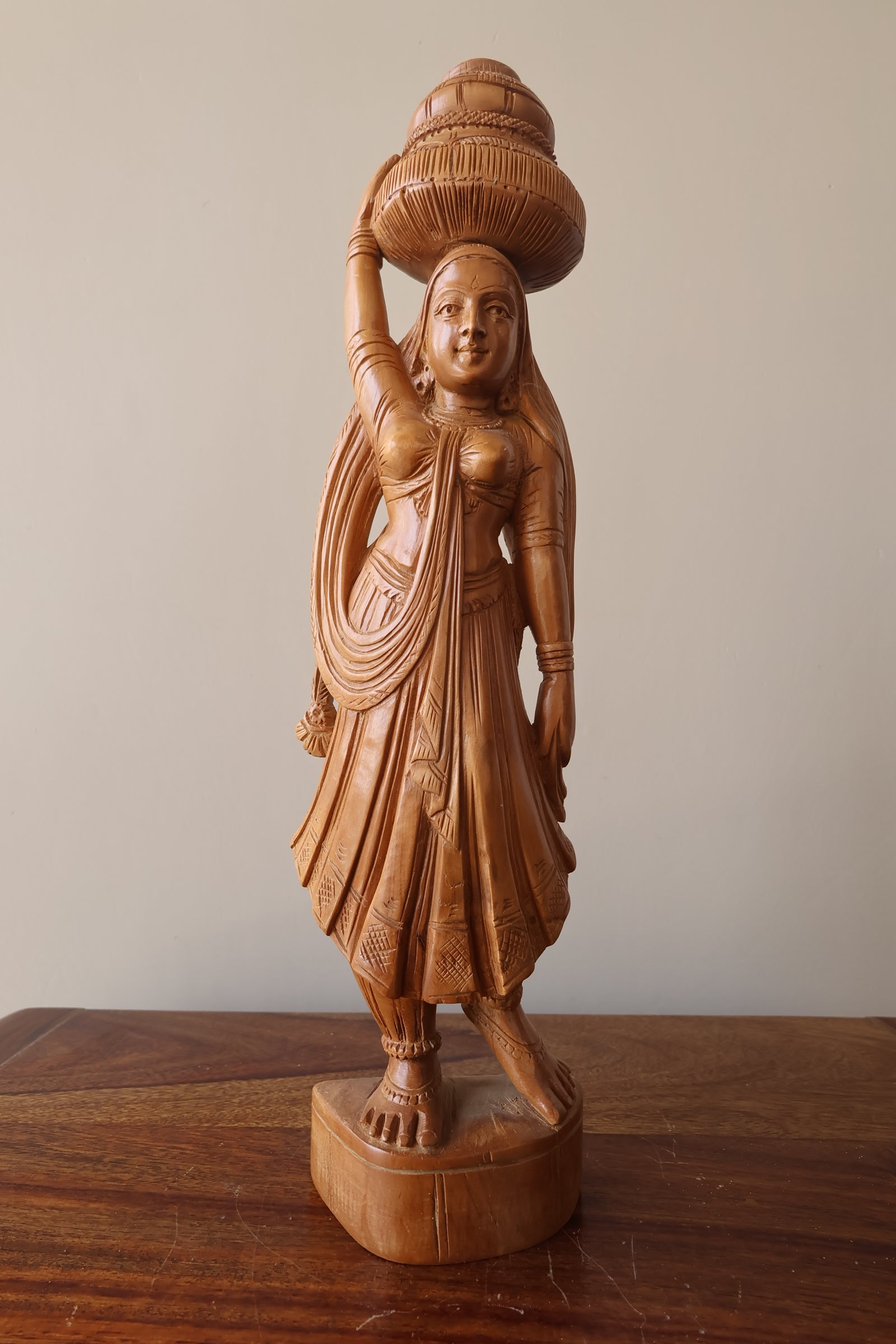 Antique Sandalwood Radha Holding Pot Statue - Malji Arts