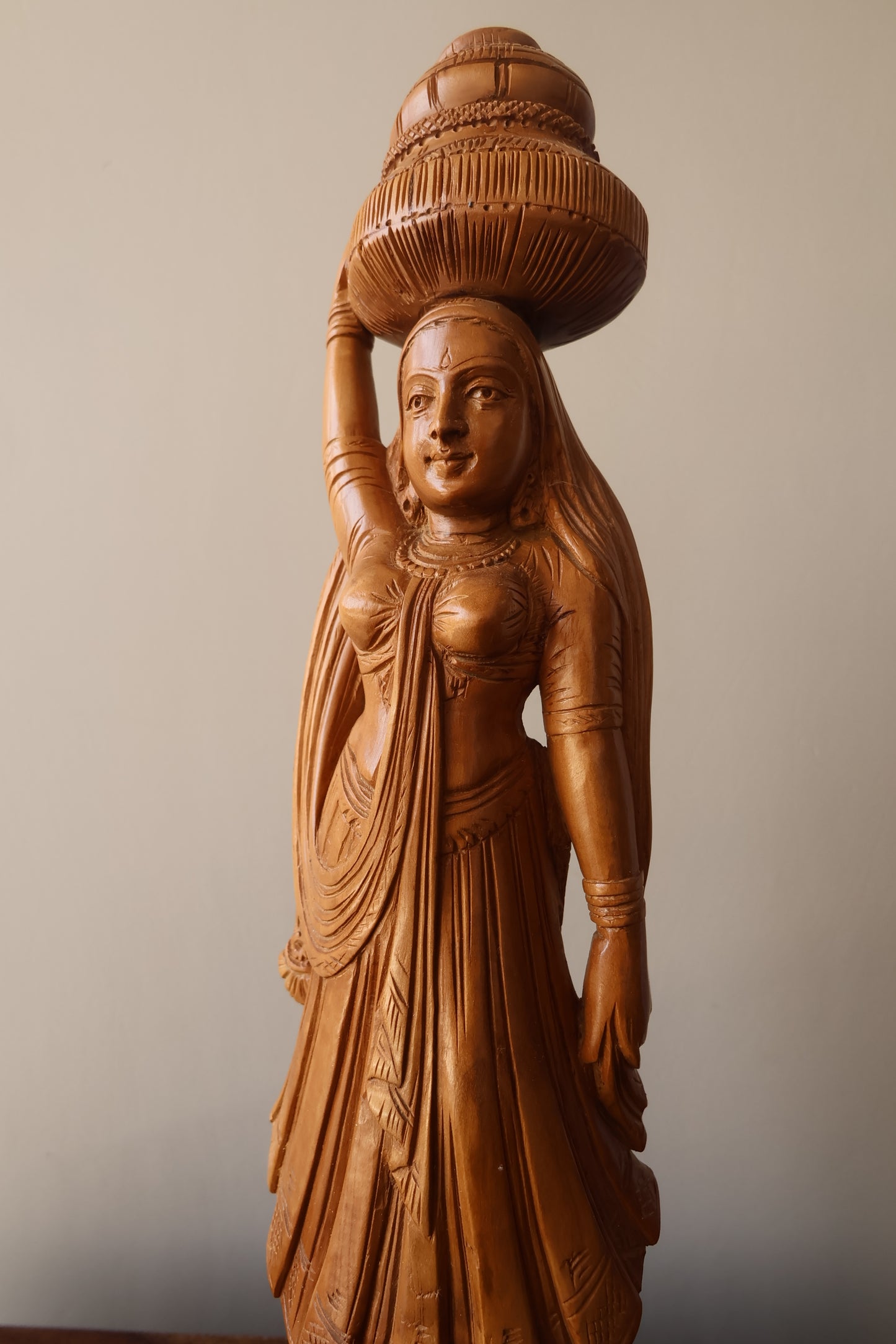 Antique Sandalwood Radha Holding Pot Statue - Malji Arts