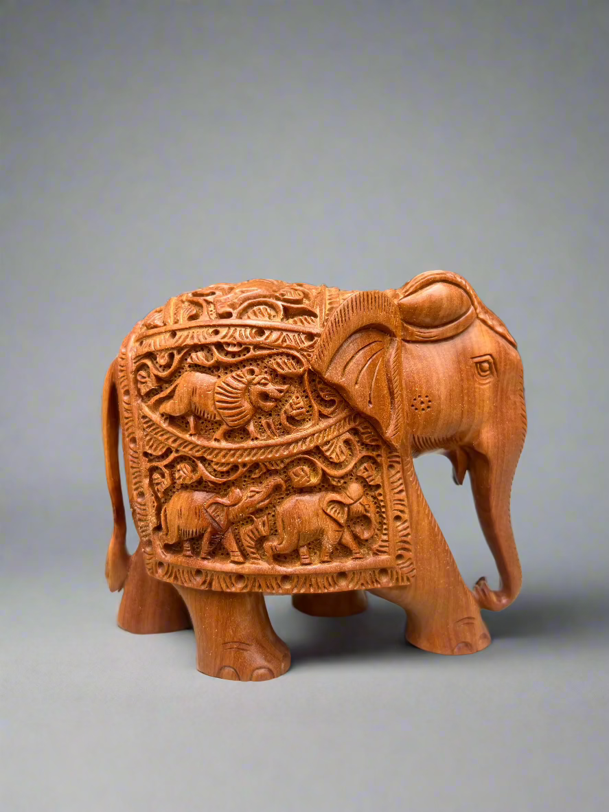 Sandalwood Carved Elephant Statue - Malji Arts