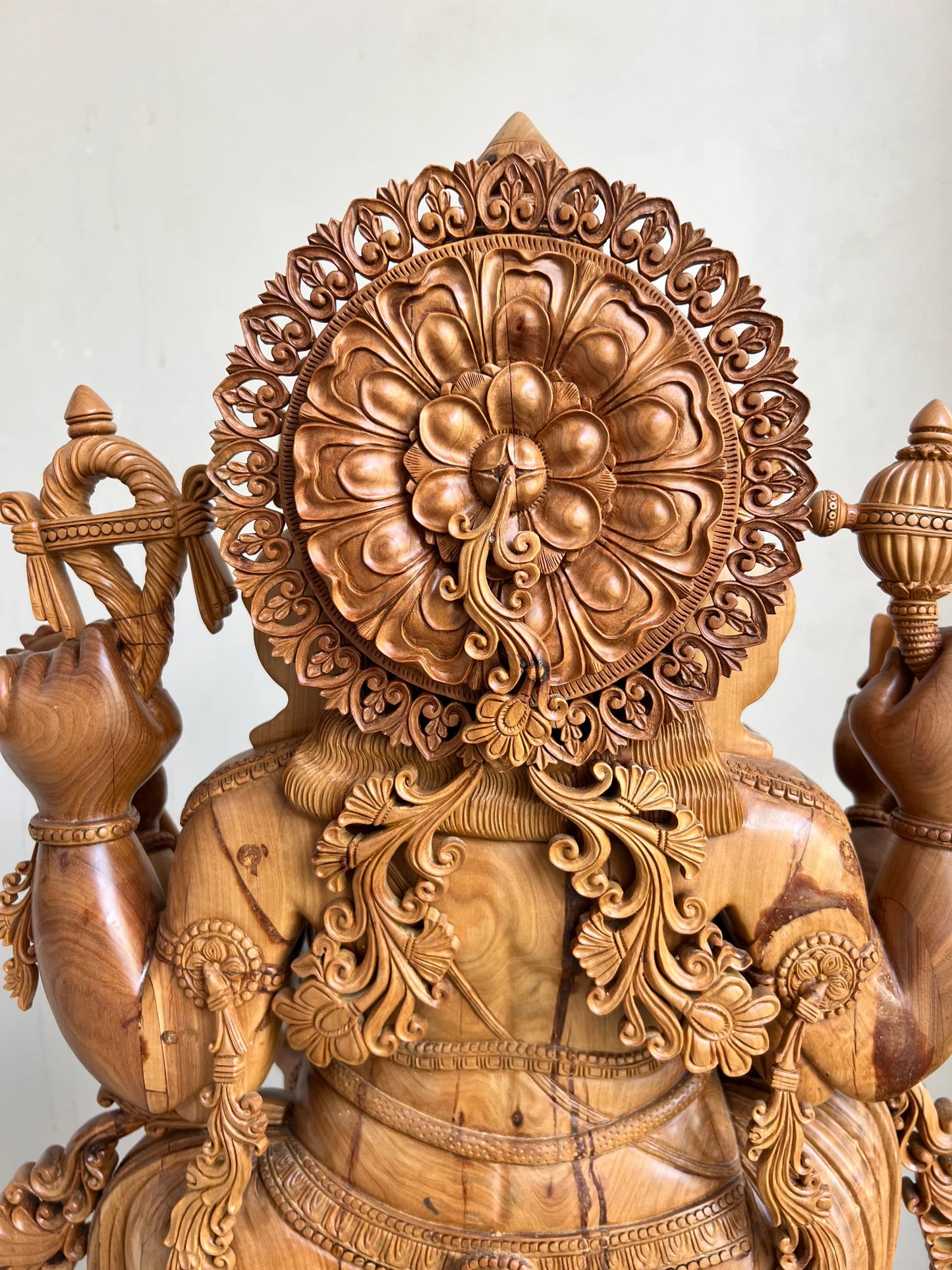 Hand-Carved Sandalwood Ganesha Statue on Lotus Base 32" inch - Malji Arts