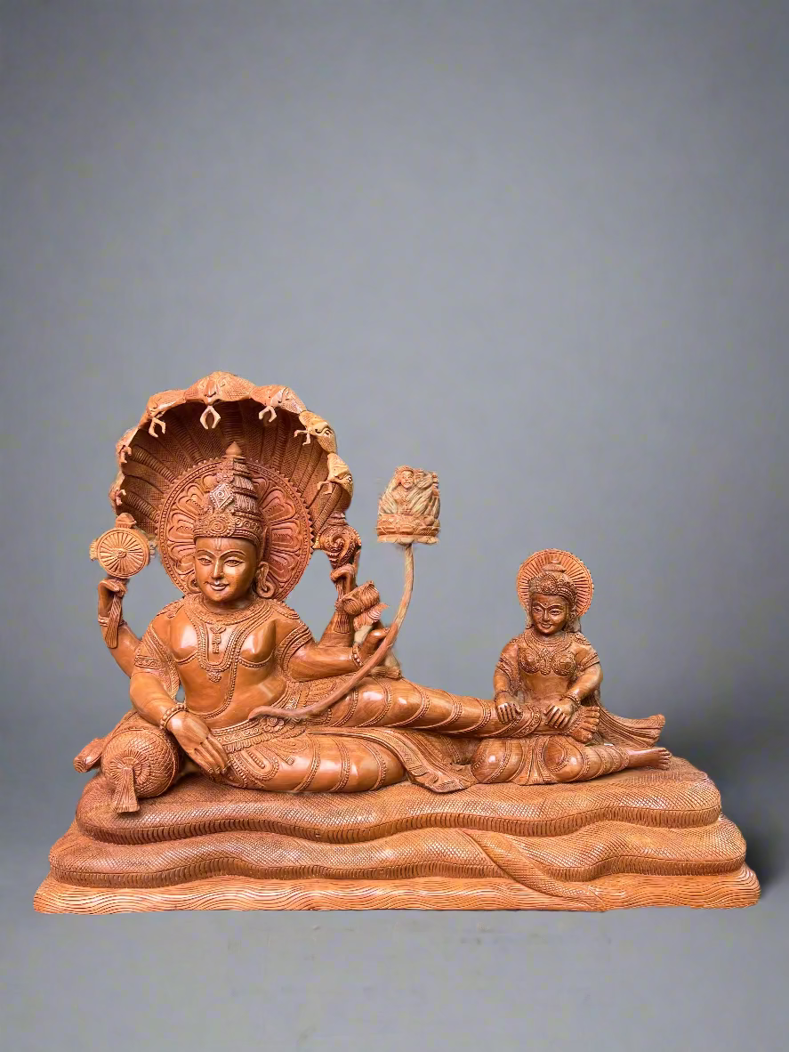 Sandalwood Carving Lord Vishnu reclining on Shesh Naag - Malji Arts