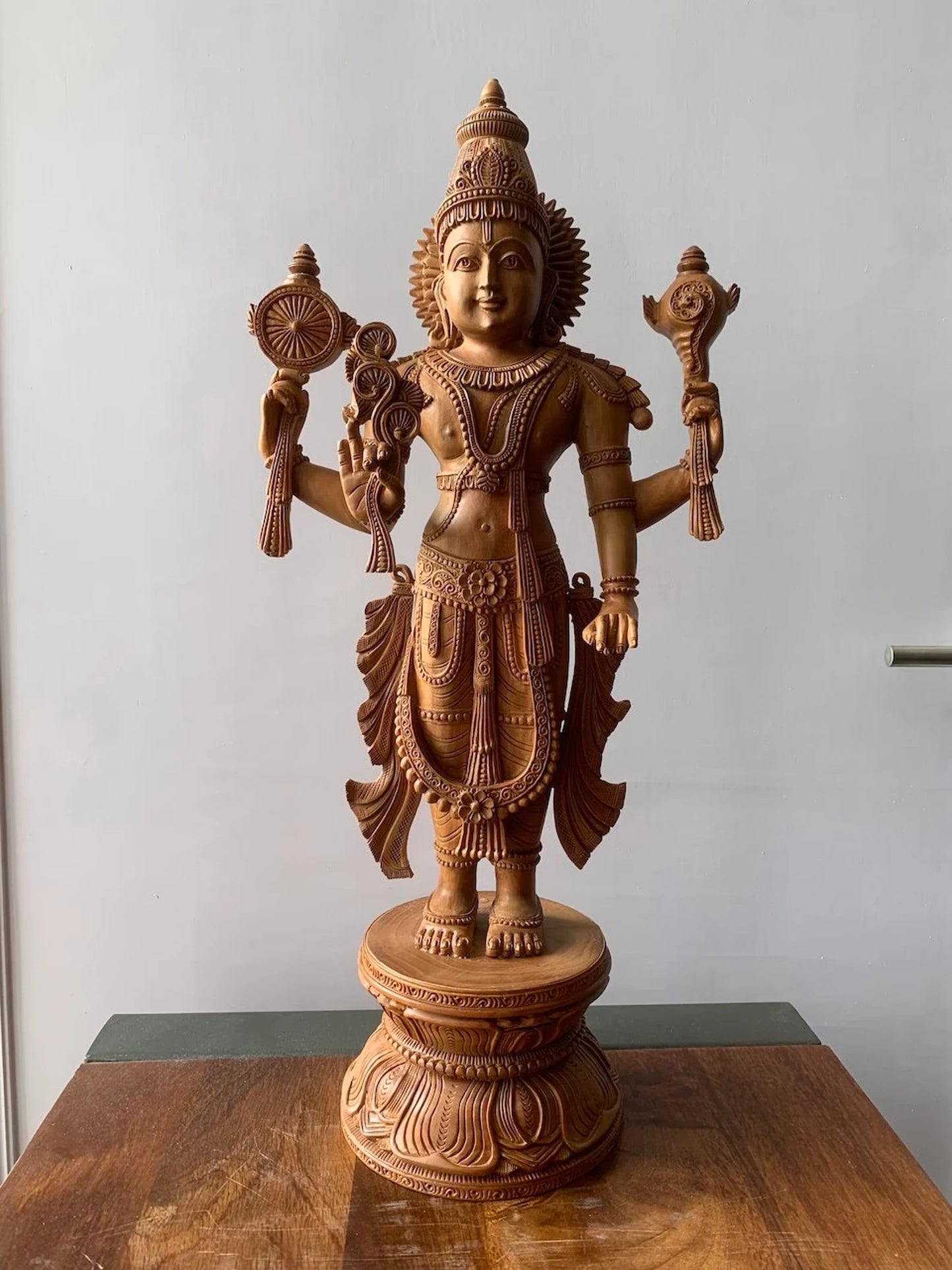 Sandalwood Large Fine Carved Lord Vishnu - Malji Arts