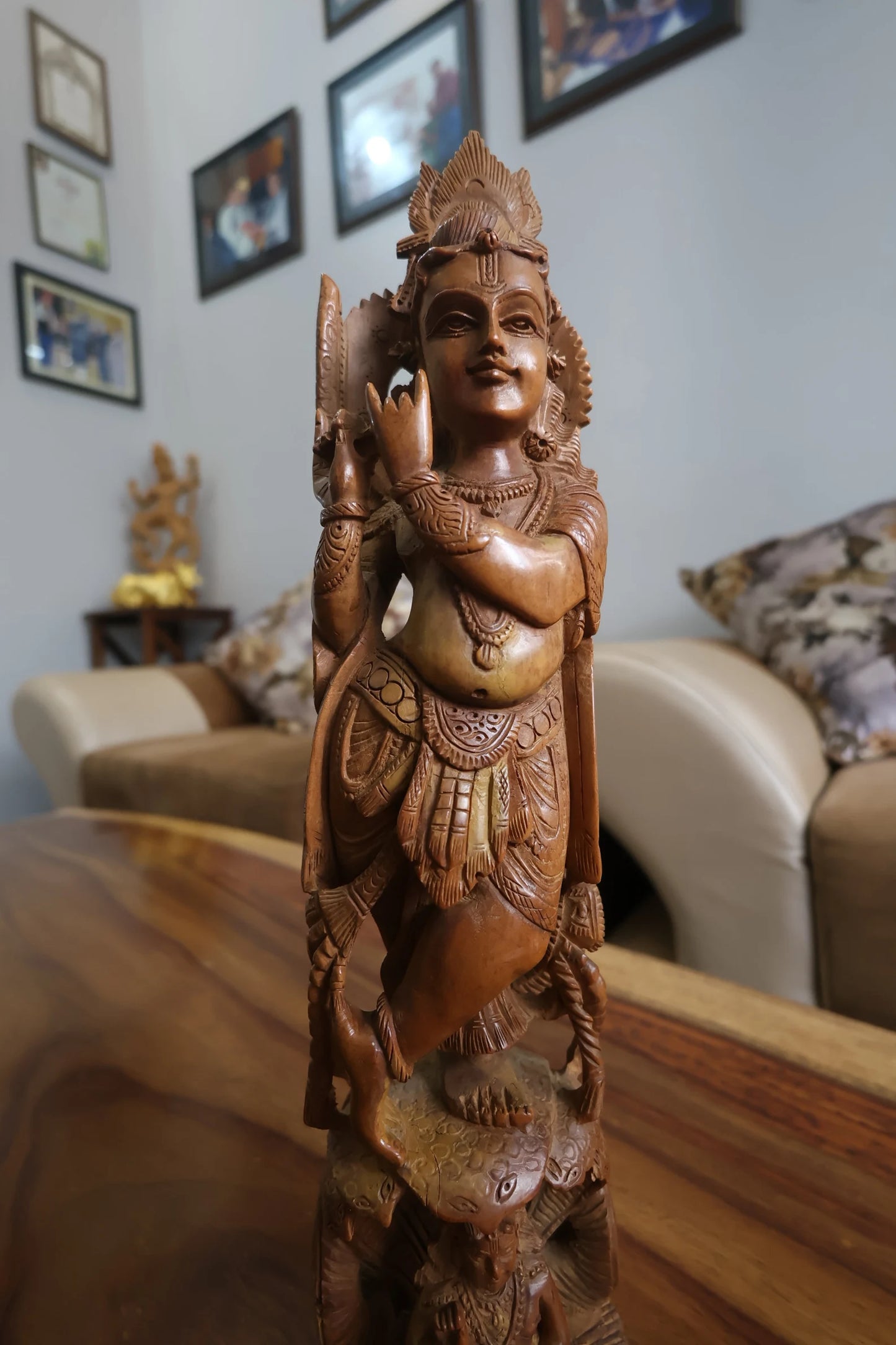 Rare Vintage Sandalwood Carved Krishna Statue Collective Piece With Beautiful Calm Face - Malji Arts