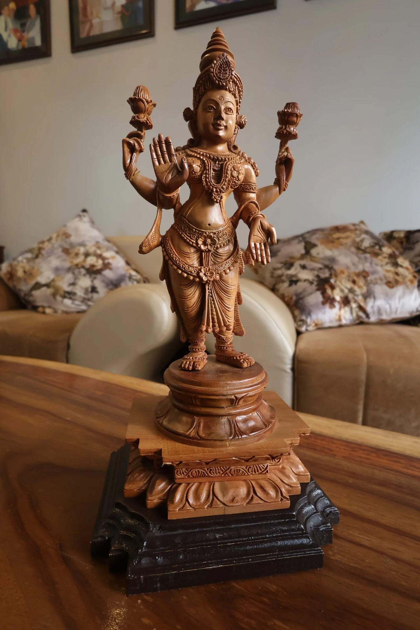 Sandalwood Carved Rare Goddess Laxmi Statue - Malji Arts