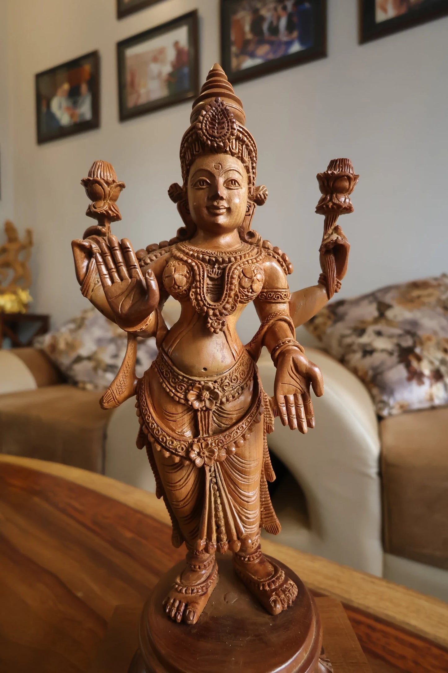 Sandalwood Carved Rare Goddess Laxmi Statue - Malji Arts