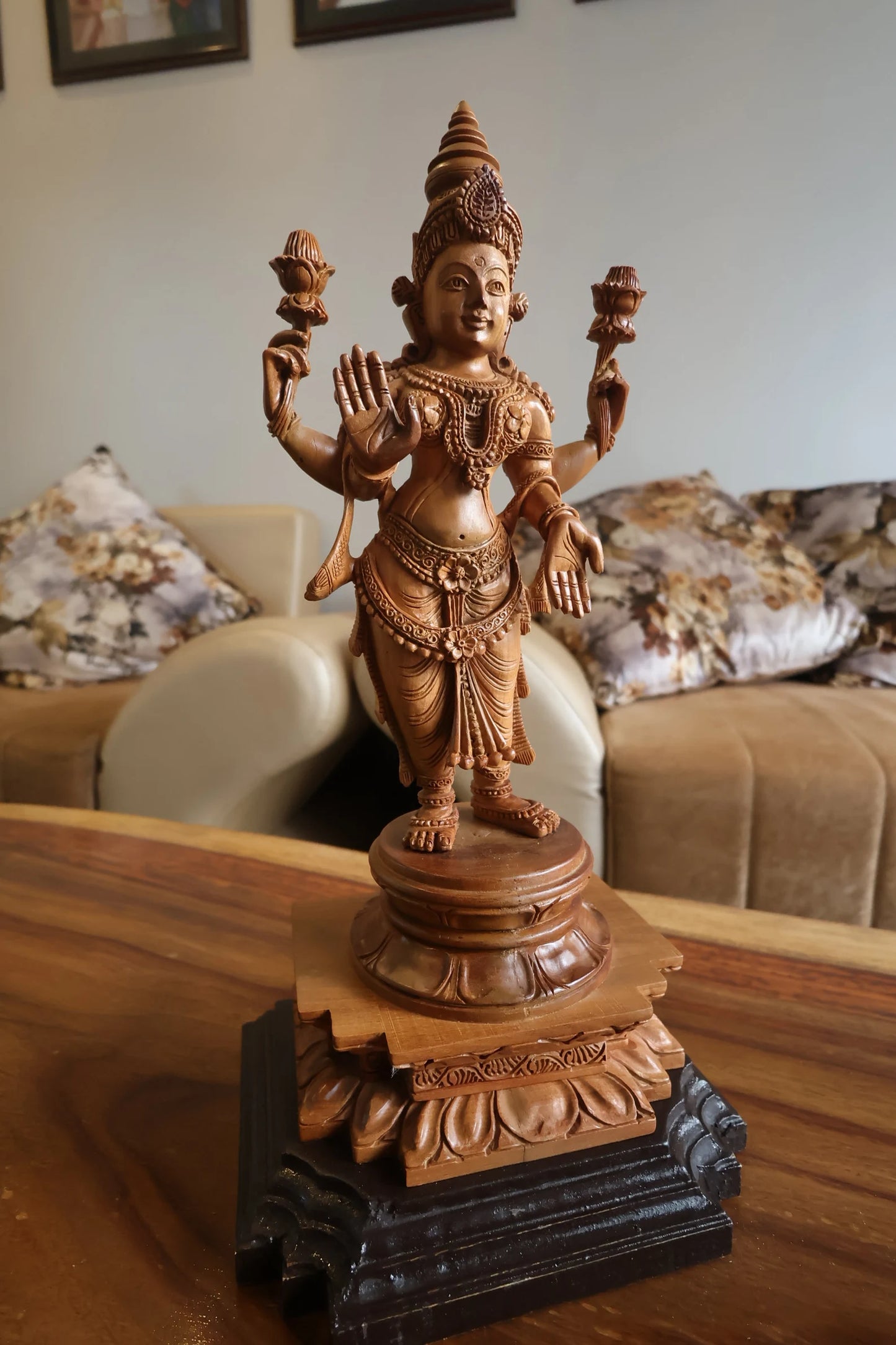 Sandalwood Carved Rare Goddess Laxmi Statue - Malji Arts