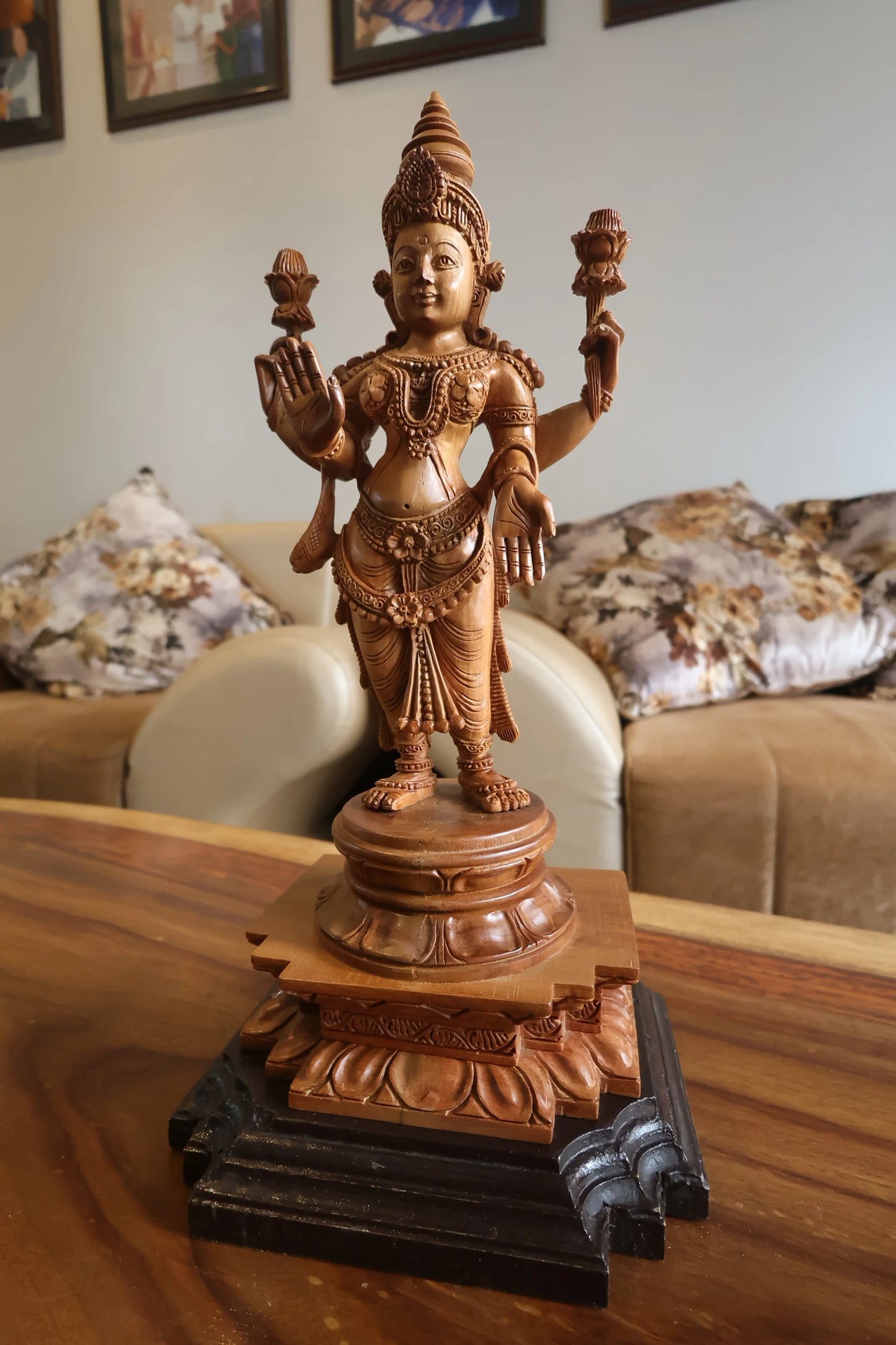 Sandalwood Carved Rare Goddess Laxmi Statue - Malji Arts