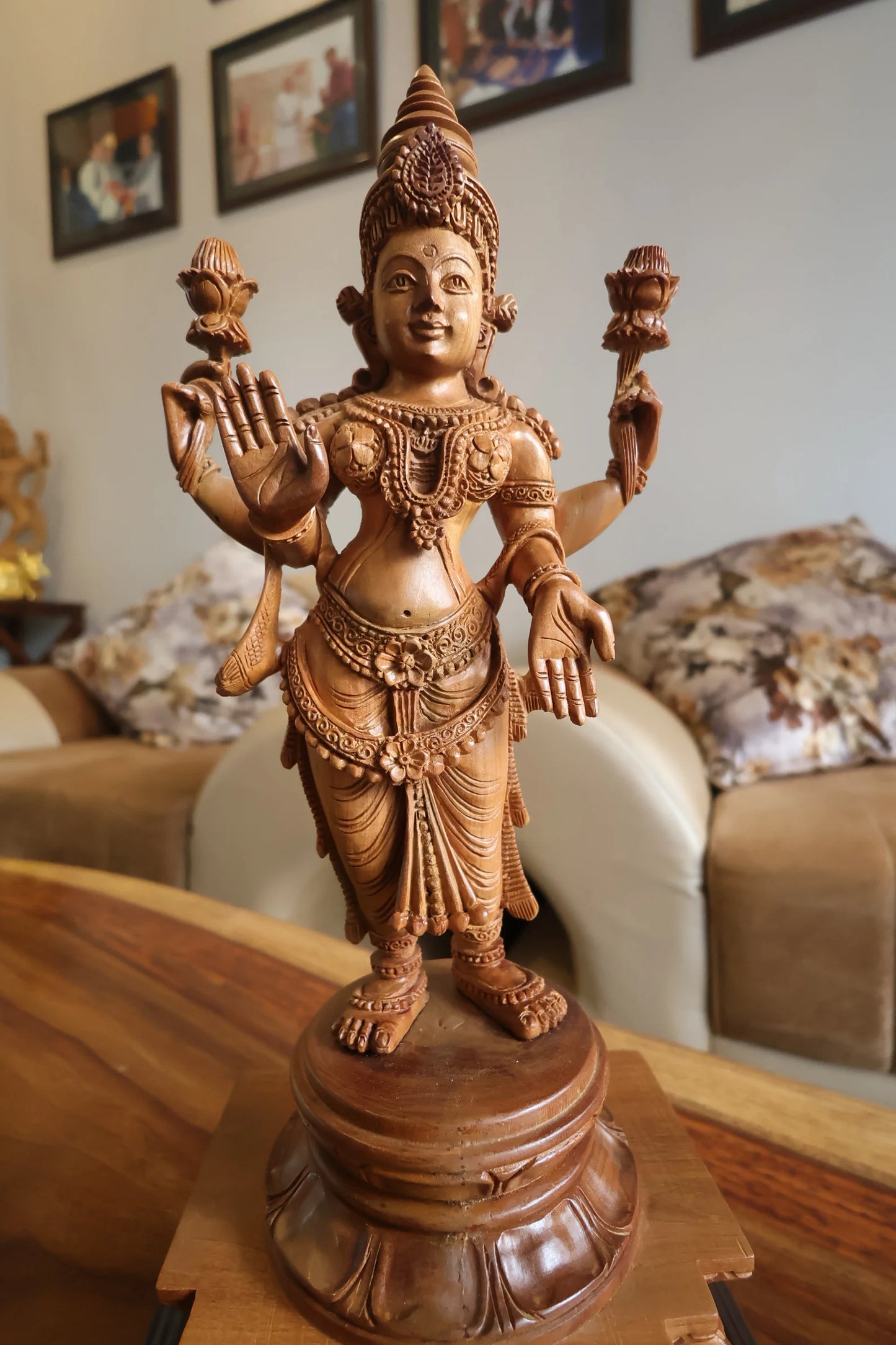 Sandalwood Carved Rare Goddess Laxmi Statue - Malji Arts