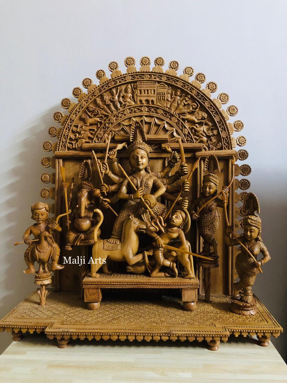 Large Sandalwood "Shrine of Goddess Durga" Mahishasuramardini - Malji Arts