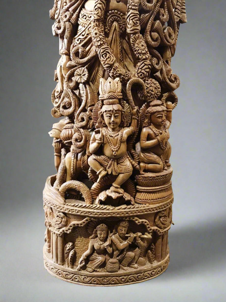 Sandalwood Carved Lord Krishna Statue Collective Art Piece - Malji Arts