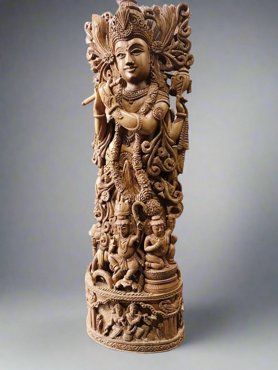 Sandalwood Carved Lord Krishna Statue Collective Art Piece - Malji Arts