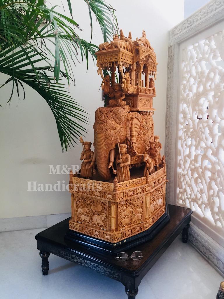 Wooden fine Carved Royal Elephant Ambabari - Malji Arts