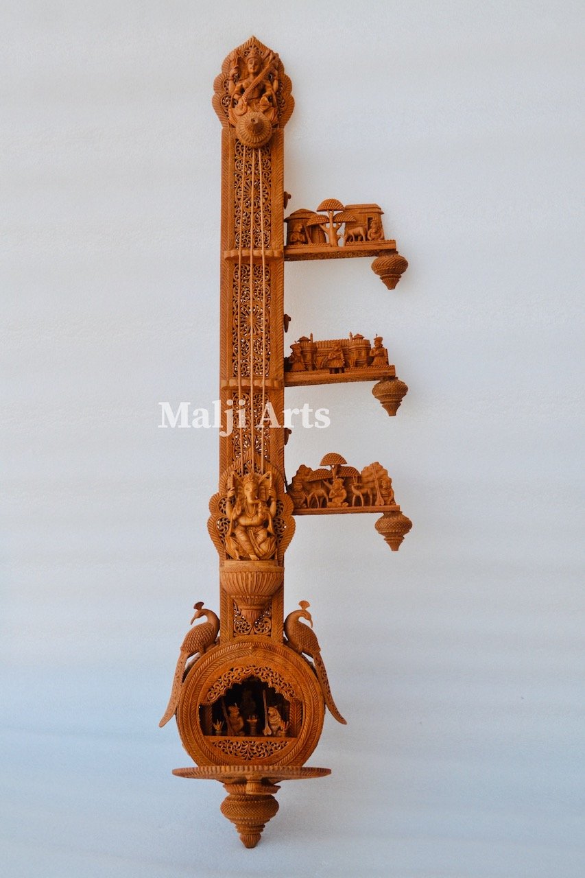 2.4 ft Sandalwood Opening Sitar or Veena Collective Art-piece - Malji Arts