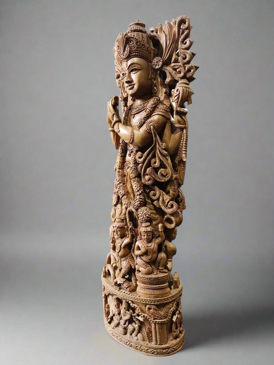 Sandalwood Carved Lord Krishna Statue Collective Art Piece - Malji Arts
