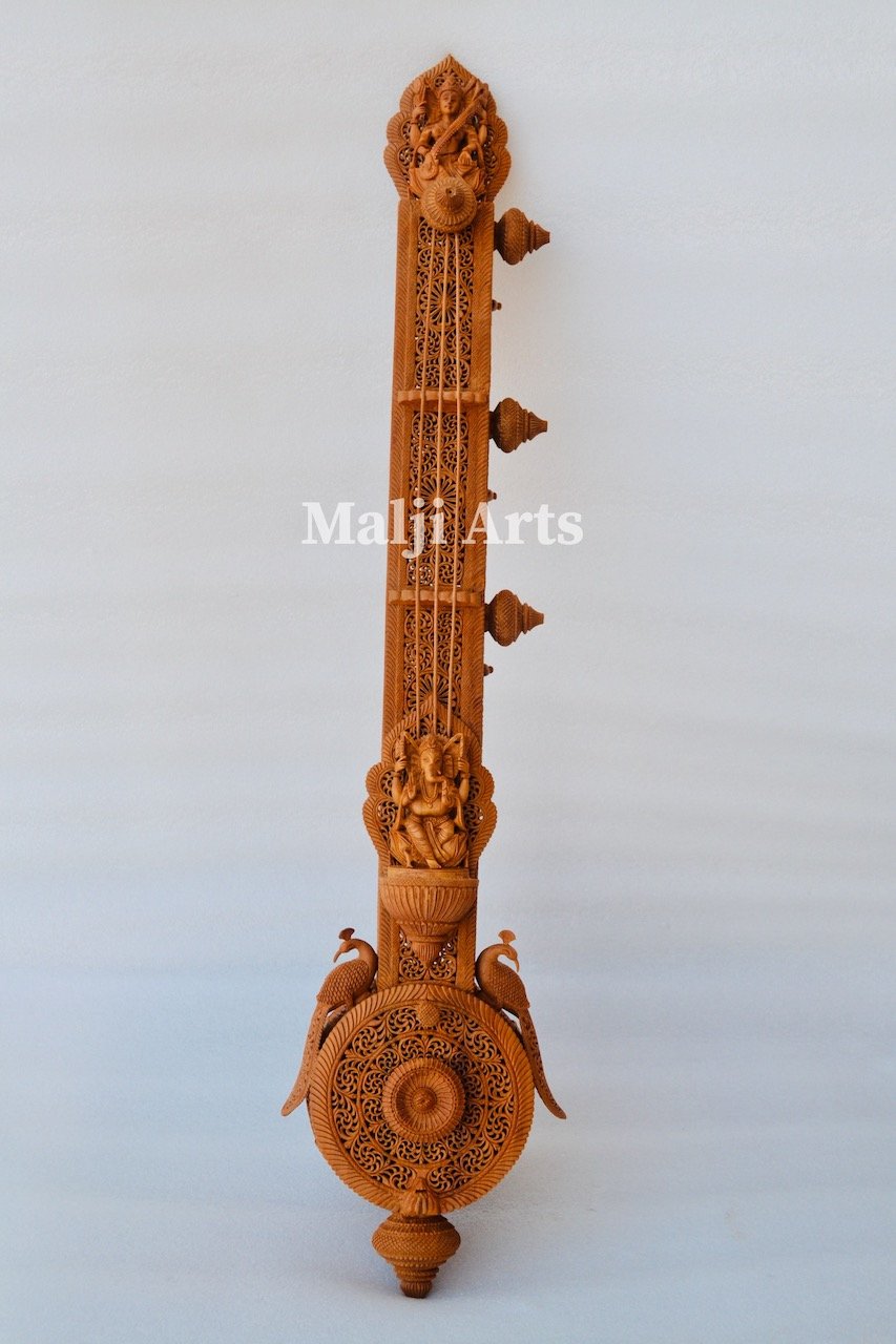 2.4 ft Sandalwood Opening Sitar or Veena Collective Art-piece - Malji Arts