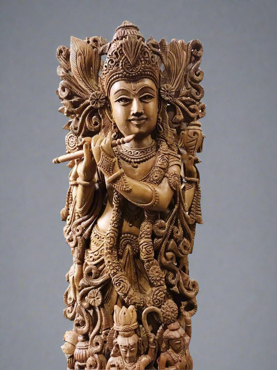 Sandalwood Carved Lord Krishna Statue Collective Art Piece - Malji Arts