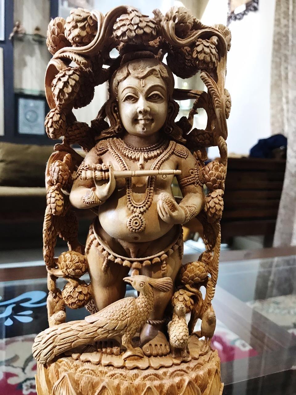 Wooden Fine Hand Carved Standing Baby Krishna Statue - Malji Arts