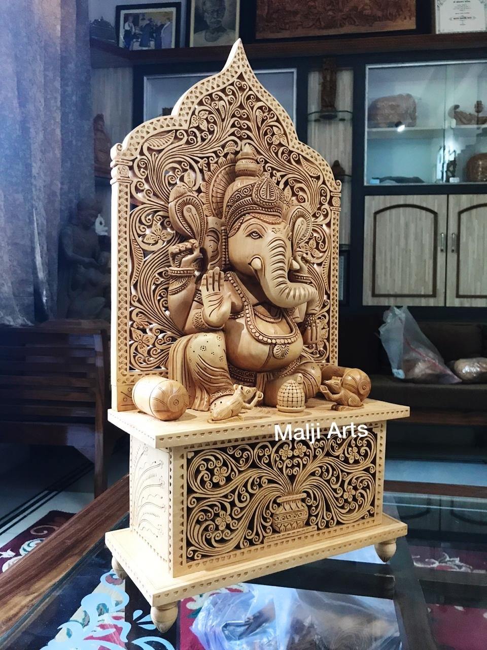 Wooden Fine Carved Ganesha with Jali Work - Malji Arts