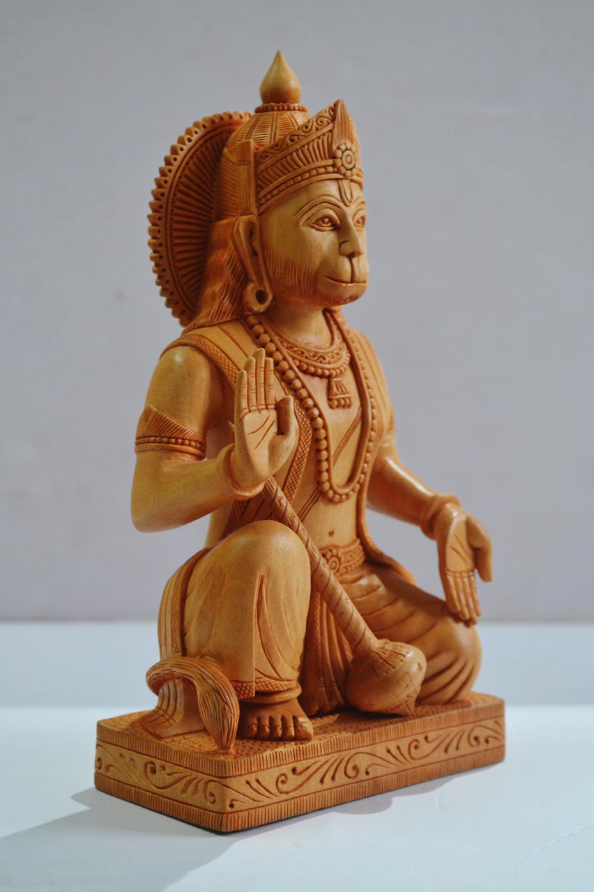 Special Fine Carved Wooden Sitting Lord Hanuman Statue - Malji Arts